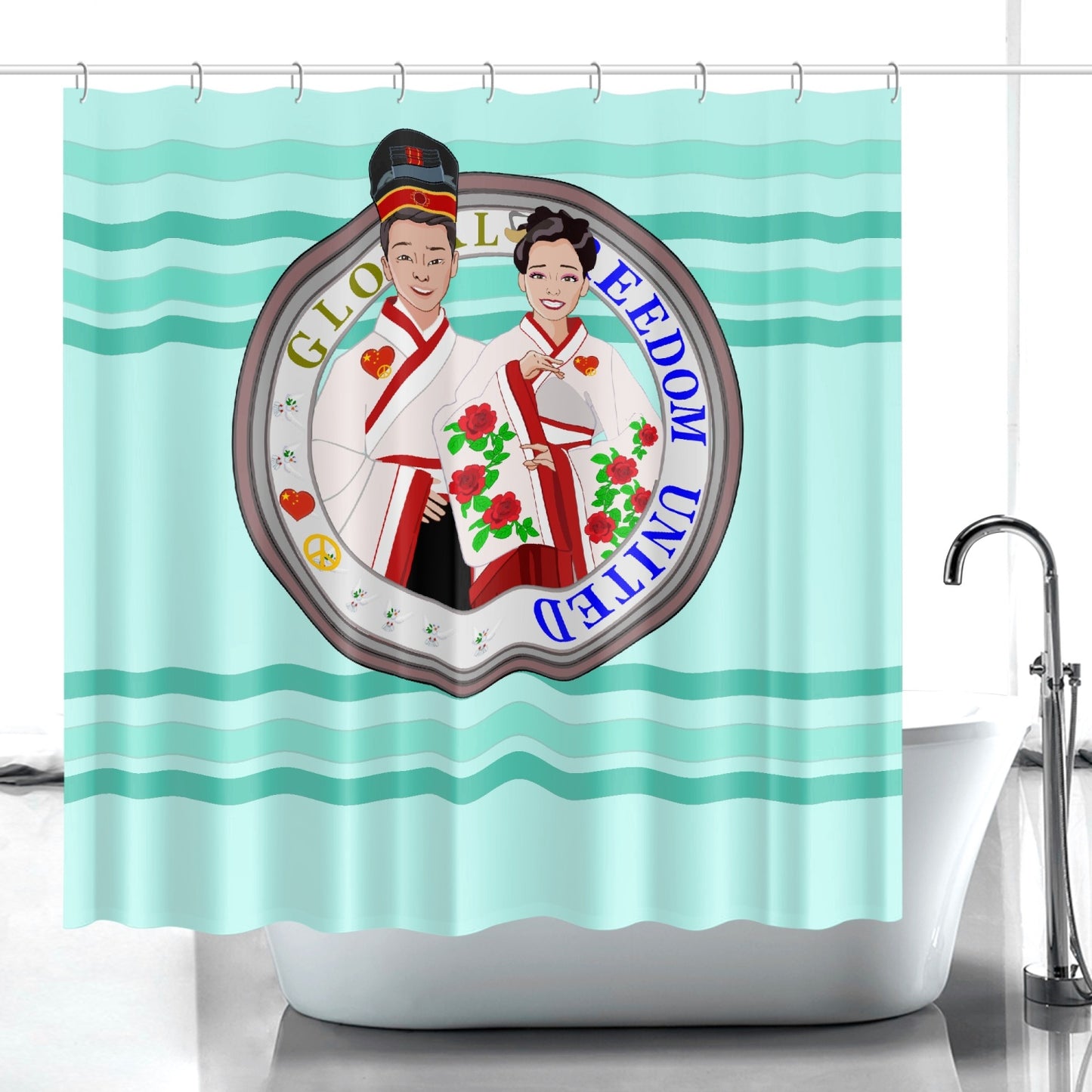 GLOBAL FREEDOM UNITED© Couple China Light Green - Quick-drying Shower Curtain