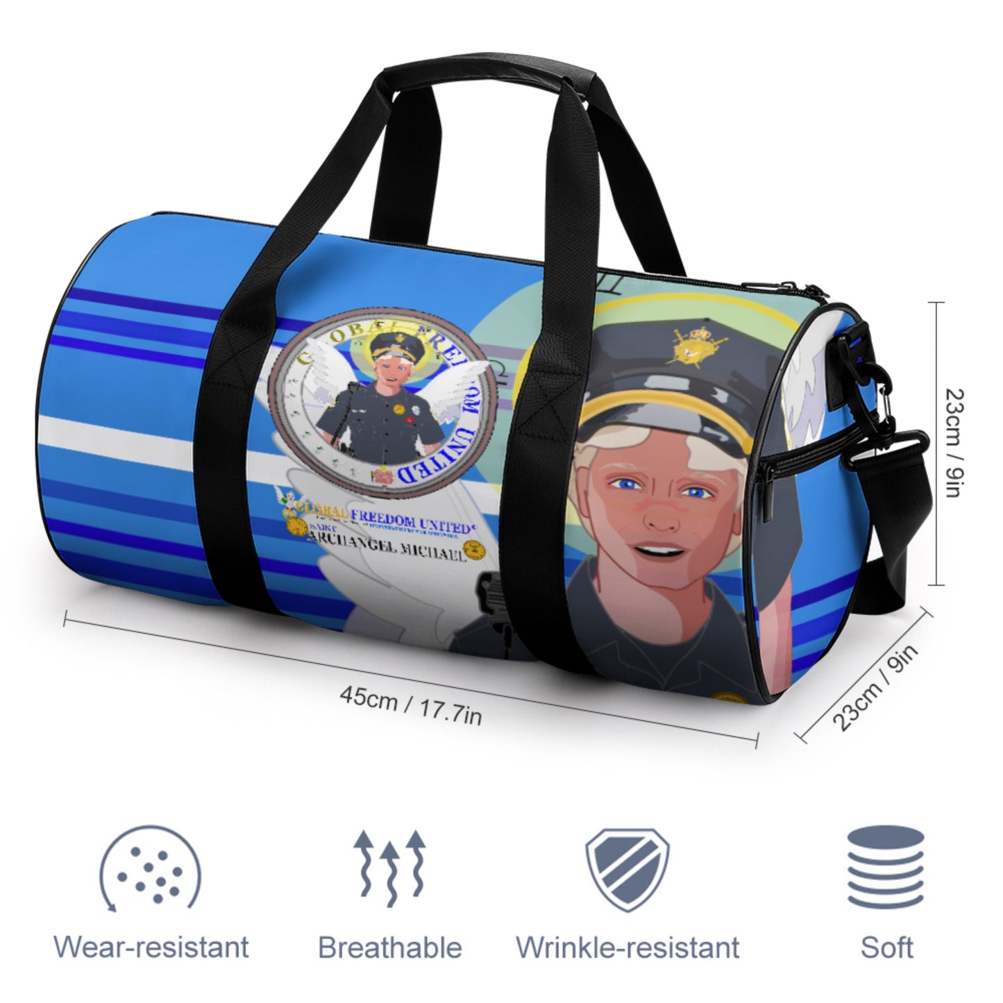 Cylindrical Gym Bag GLOBAL FREEDOM UNITED© Archangel Michael As Policemen Deep Blue