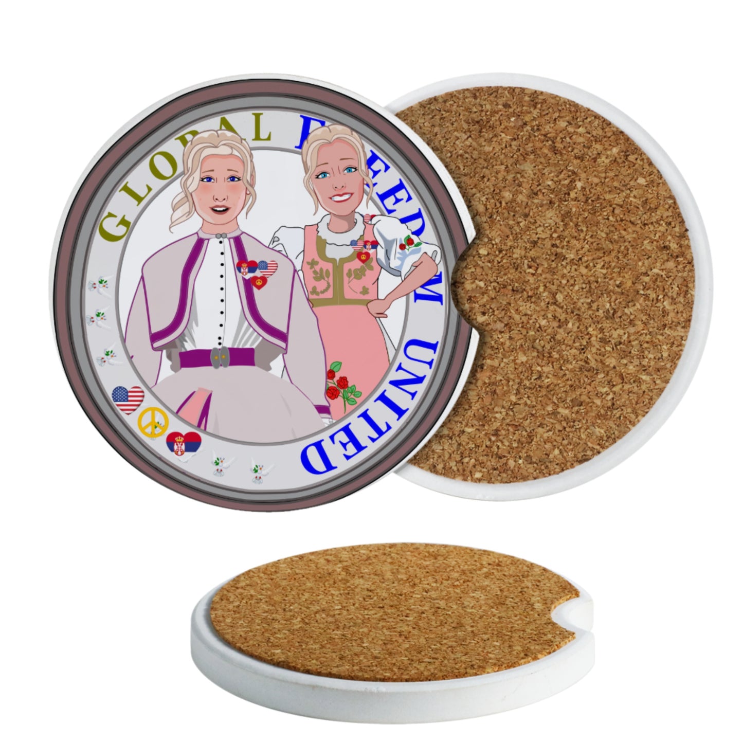 Ceramic Car Coaster GLOBAL FREEDOM UNITED© Women Serbia & USA