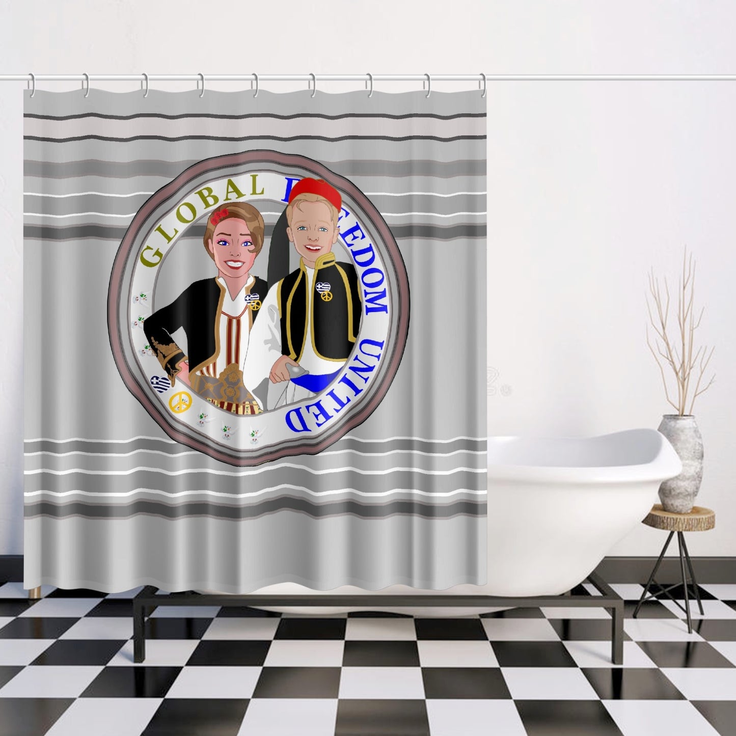 GLOBAL FREEDOM UNITED© Couple Greece Grey Quick-drying Shower Curtain