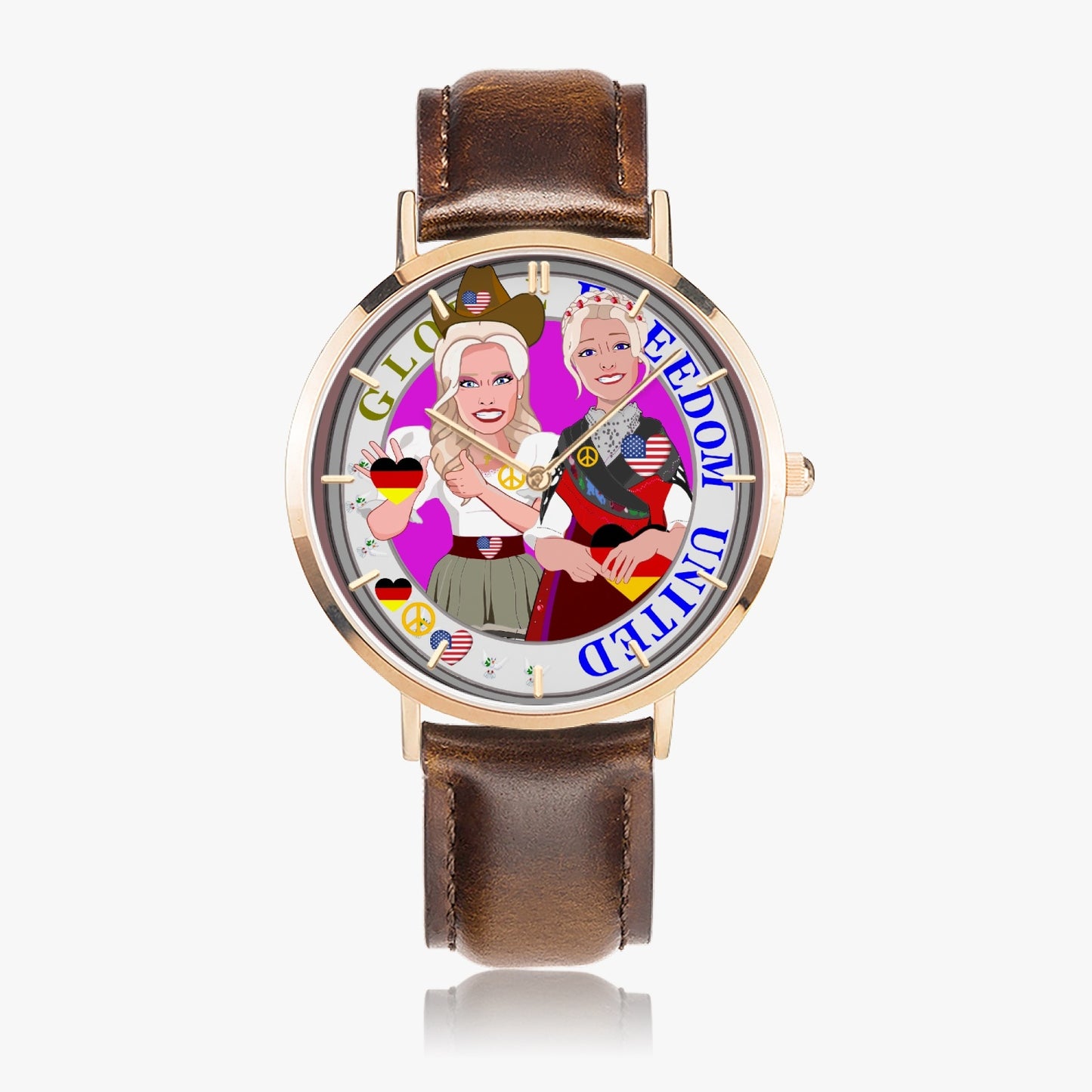 GLOBAL FREEDOM UNITED© Hot Selling Ultra-Thin Leather Strap Quartz Watch (Rose Gold With Indicators) Women USA & Germany