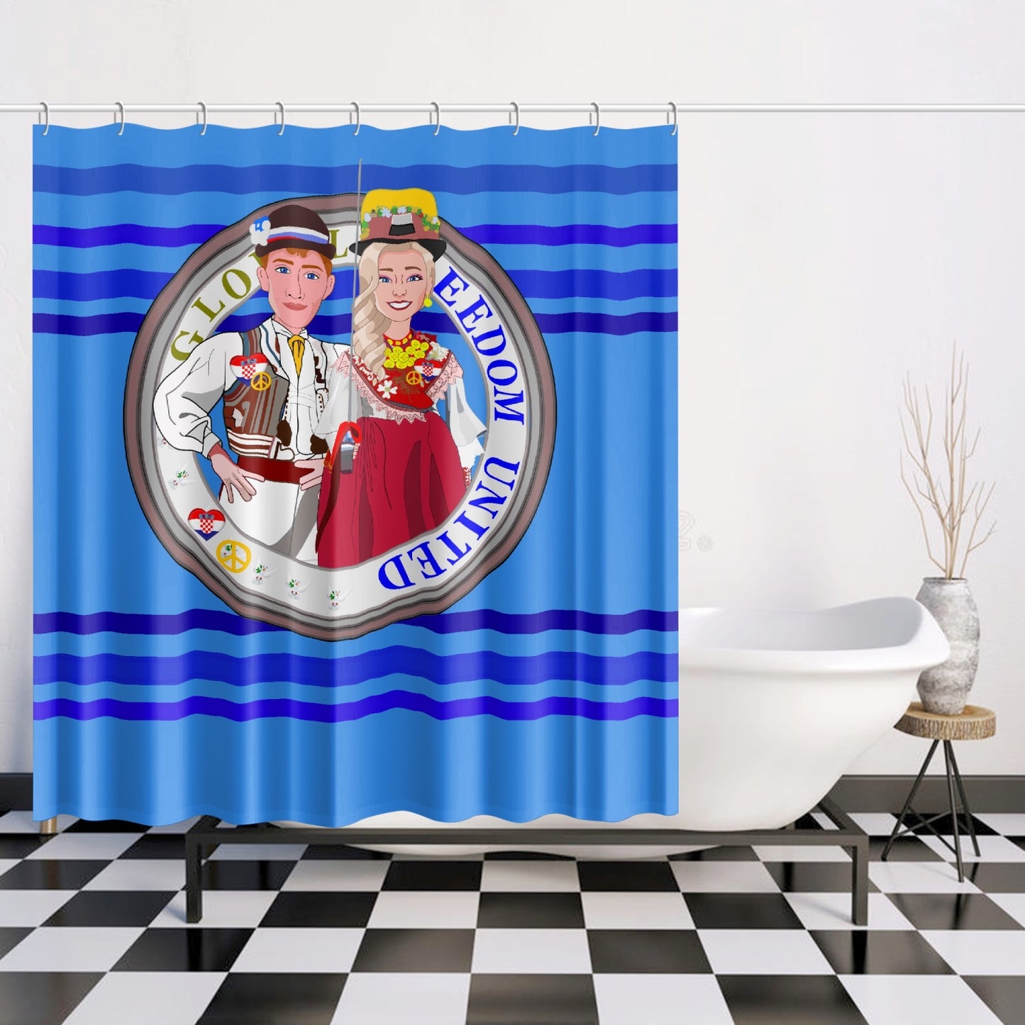 GLOBAL FREEDOM UNITED© Couple Croatia Deep Blue - Quick-drying Shower Curtain