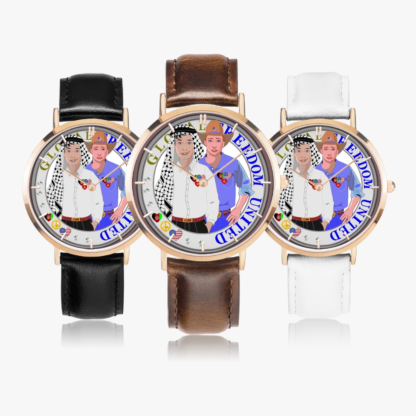 GLOBAL FREEDOM UNITED© Hot Selling Ultra-Thin Leather Strap Quartz Watch (Rose Gold With Indicators) Men Afghanistan & USA V1