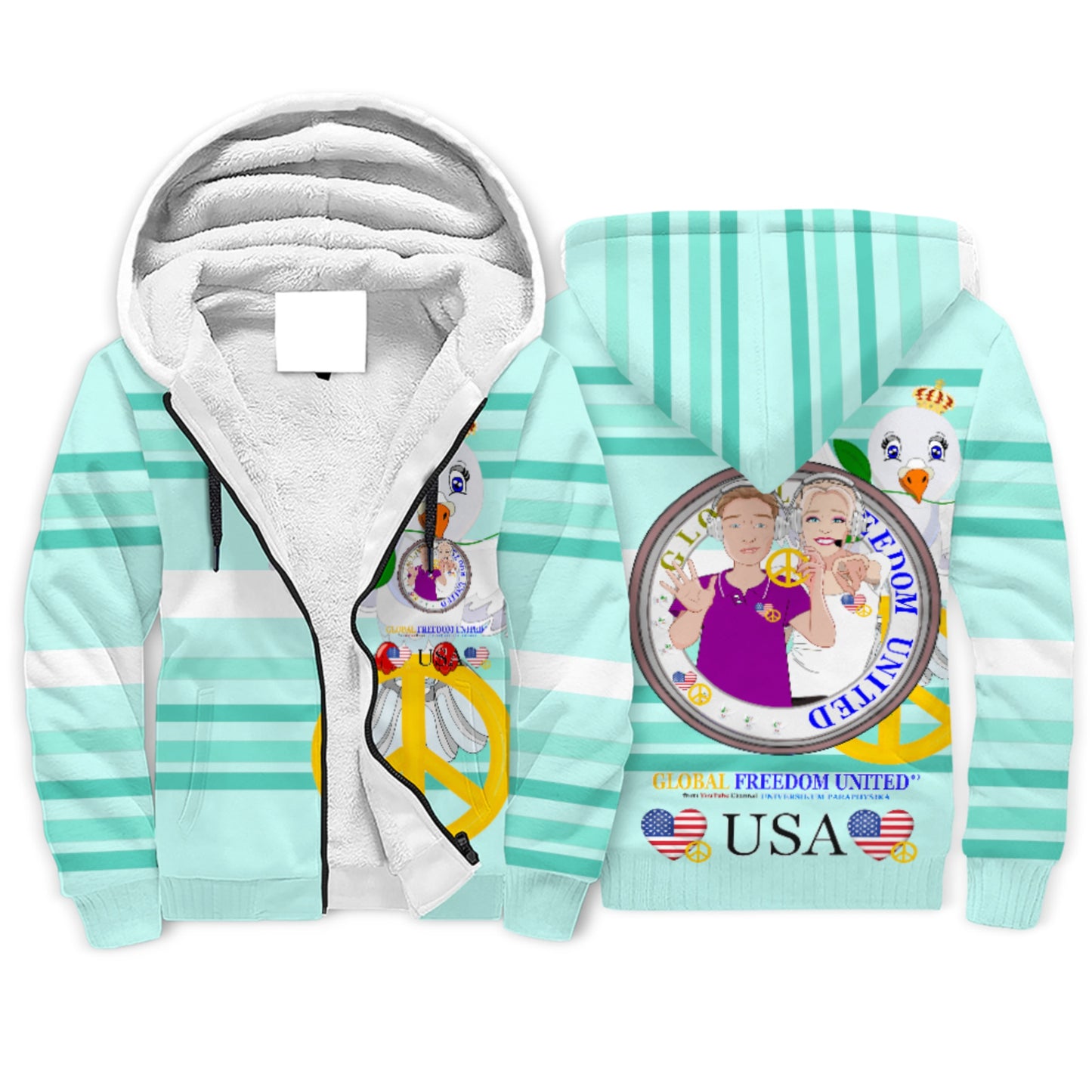 Plush Hoodie GLOBAL FREEDOM UNITED© Couple USA Wight American Light Green