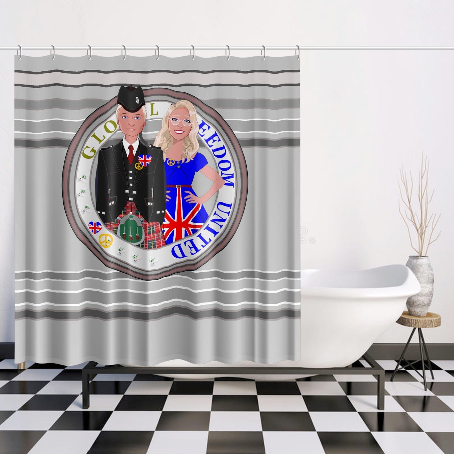 GLOBAL FREEDOM UNITED© Couple England Grey - Quick-drying Shower Curtain