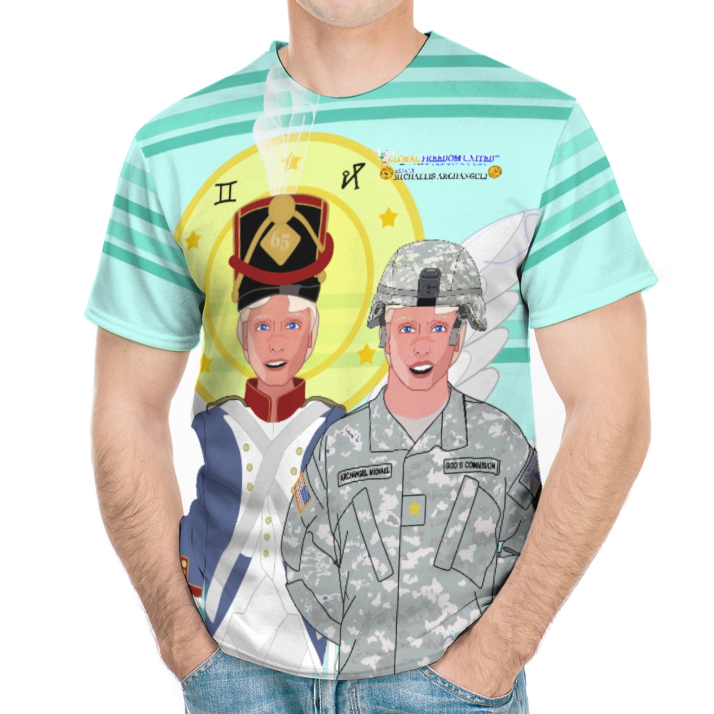 Men´s T-shirt  GLOBAL FREEDOM UNITED© Archangel Michael In Latin V3 Light Green