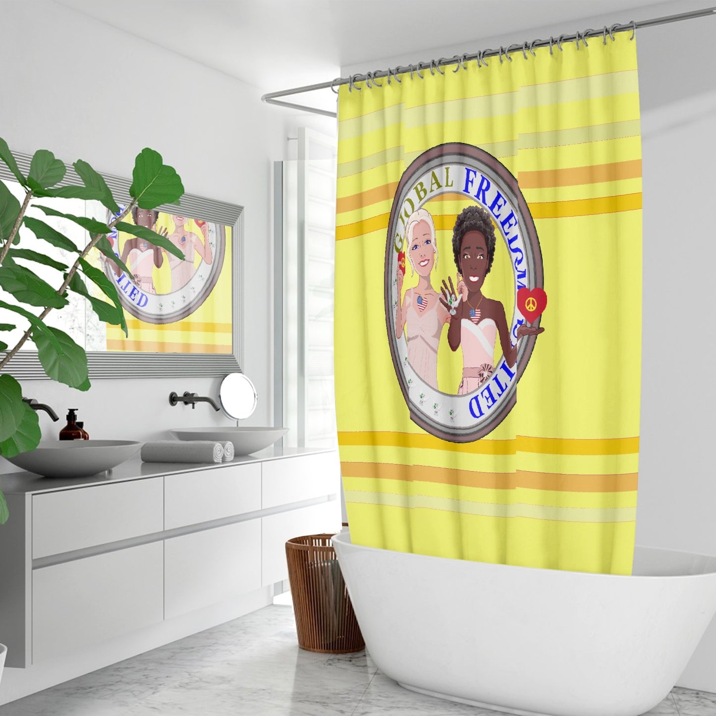 Quick-drying Shower Curtain GLOBAL FREEDOM UNITED© Men Anti Fascism & Racism USA Yellow