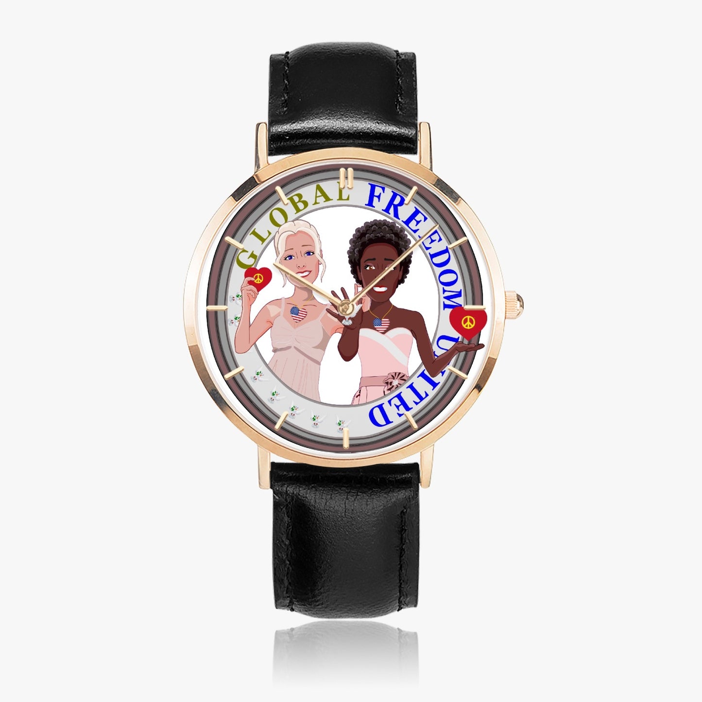GLOBAL FREEDOM UNITED© Hot Selling Ultra-Thin Leather Strap Quartz Watch (Rose Gold With Indicators) Women ANTI FASCISM & RACISM USA