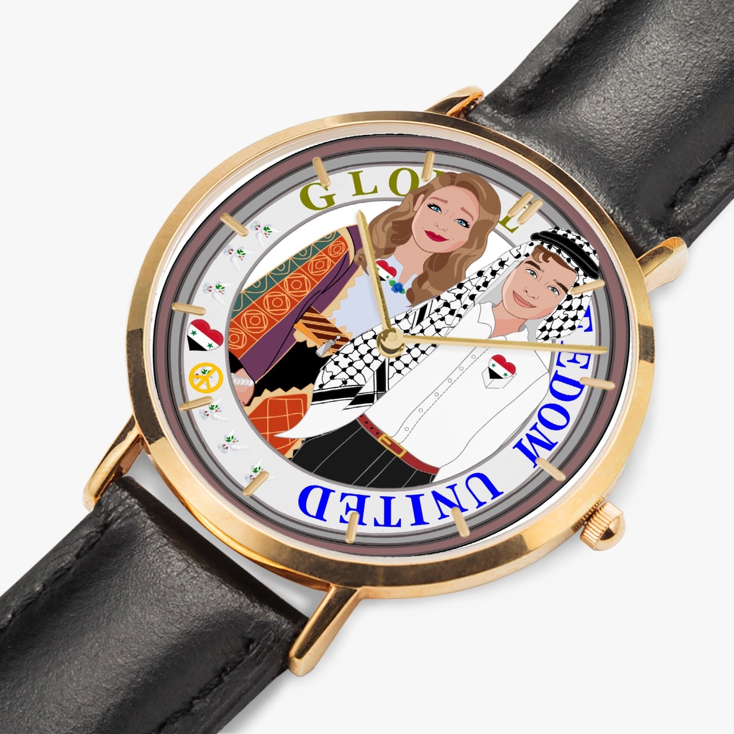GLOBAL FREEDOM UNITED© Couple Syria Hot Selling Ultra-Thin Leather Strap Quartz Watch (Rose Gold With Indicators)
