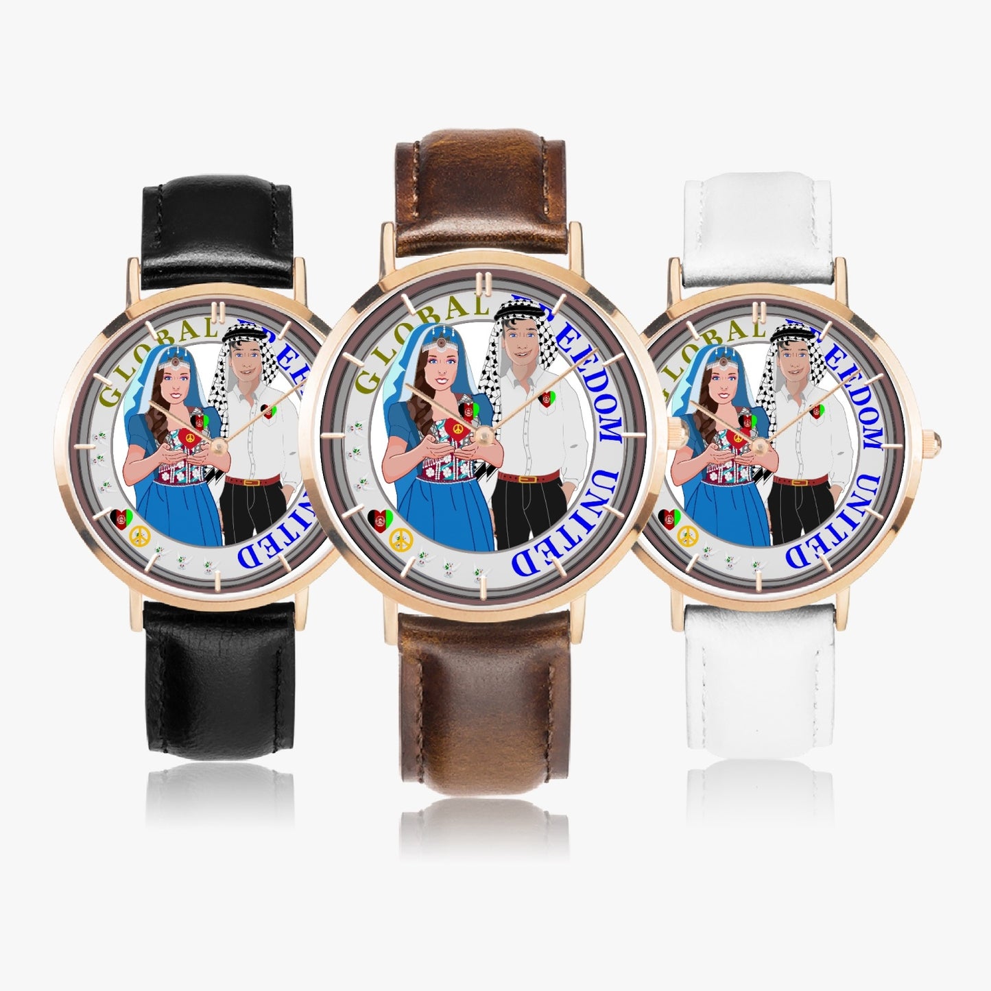 GLOBAL FREEDOM UNITED© Couple Afghanistan Hot Selling Ultra-Thin Leather Strap Quartz Watch (Rose Gold With Indicators)