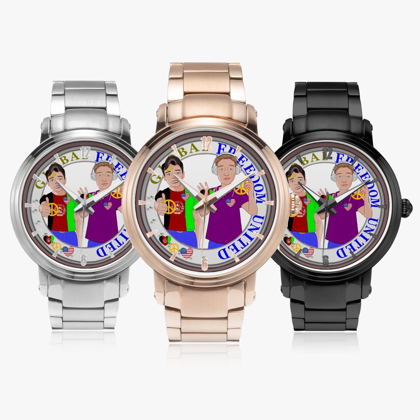 GLOBAL FREEDOM UNITED© New Steel Strap Automatic Watch (With Indicators) Men Afghanistan & USA V1