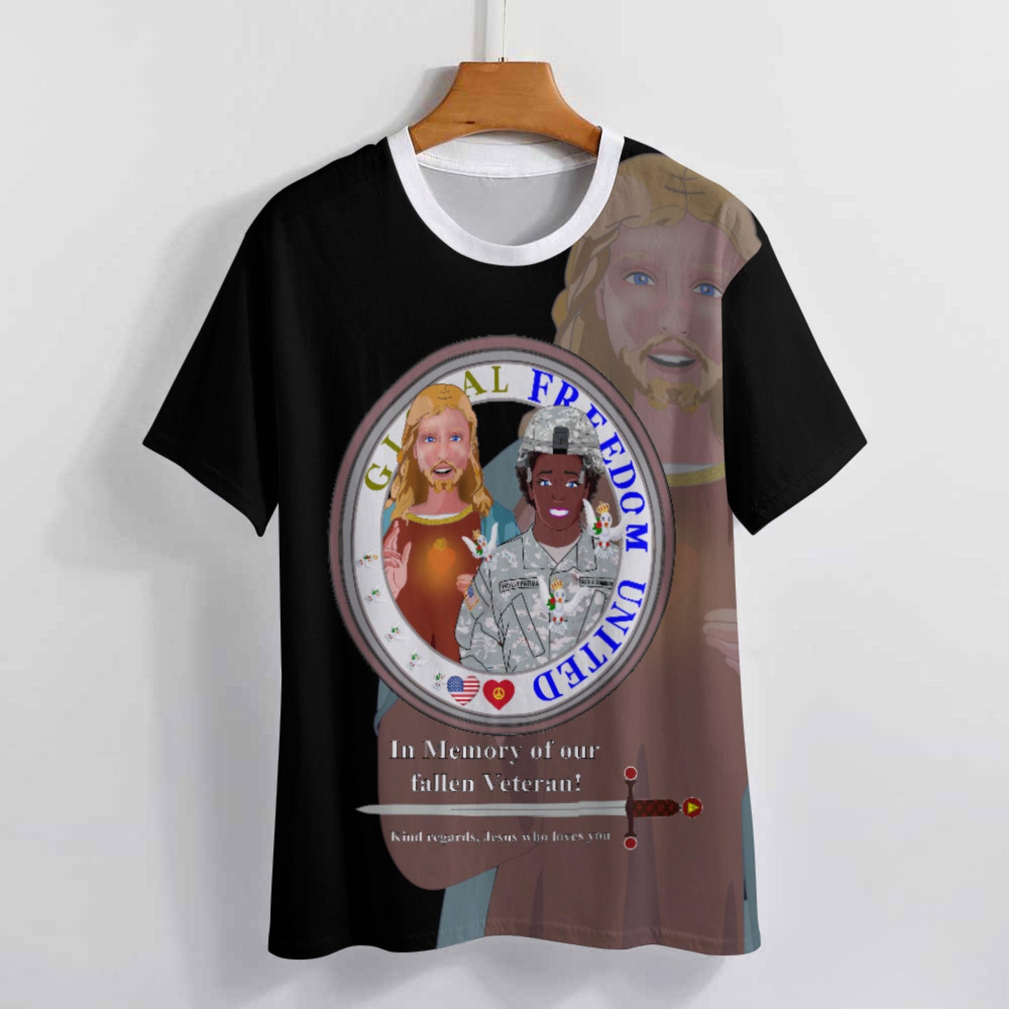 Women´s T-shirt Black GLOBAL FREEDOM UNITED© Jesus Christ For Fallen Veteran US Afro American Soldiers V2