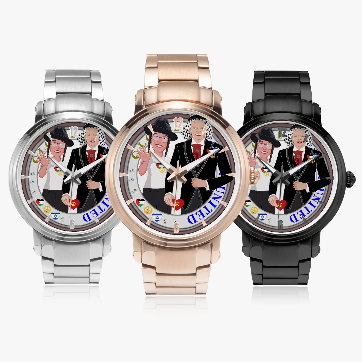 GLOBAL FREEDOM UNITED© New Steel Strap Automatic Watch (With Indicators) Men Israel & Palestina