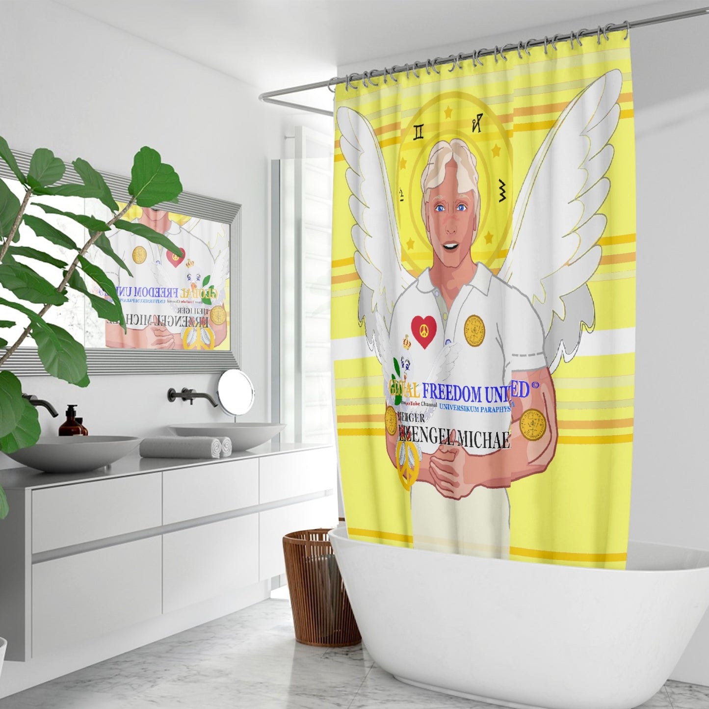 Quick-drying Shower Curtain GLOBAL FREEDOM UNITED ARCGANGEL MICHAEL GERMAN YELLOW