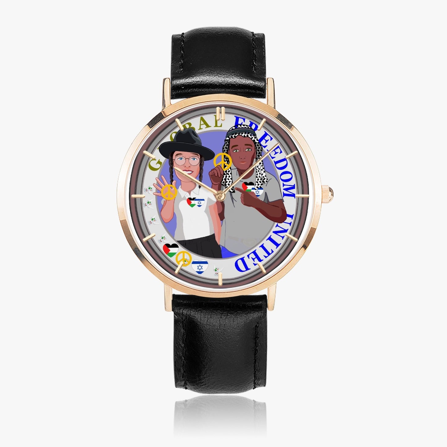 Hot Selling Ultra-Thin Leather Strap Quartz Watch (Rose Gold With Indicators) GLOBAL FREEDOM UNITED MEN ISRAEL & PALESTINA