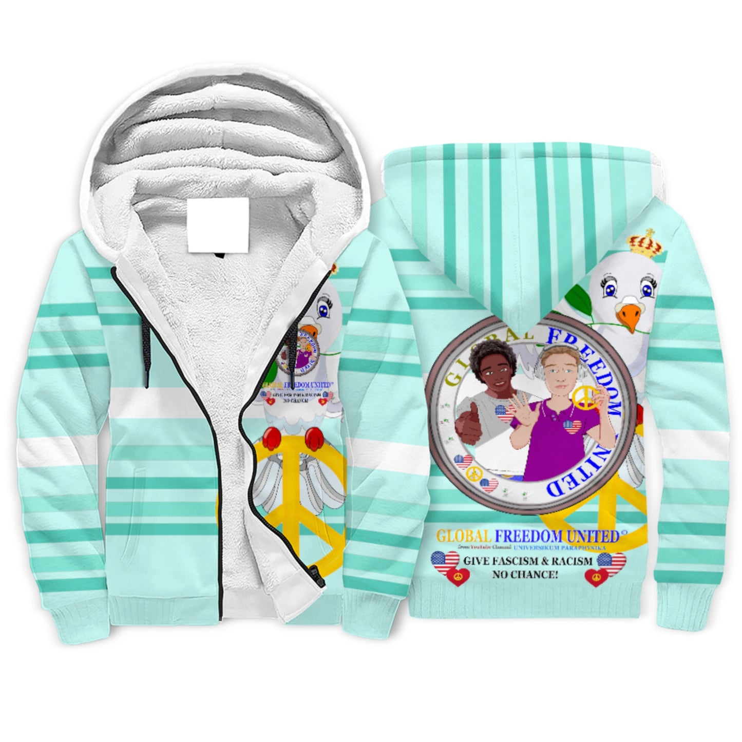 Plush Hoodie GLOBAL FREEDOM UNITED© Men Anti Racism & Fascism USA  Light Green