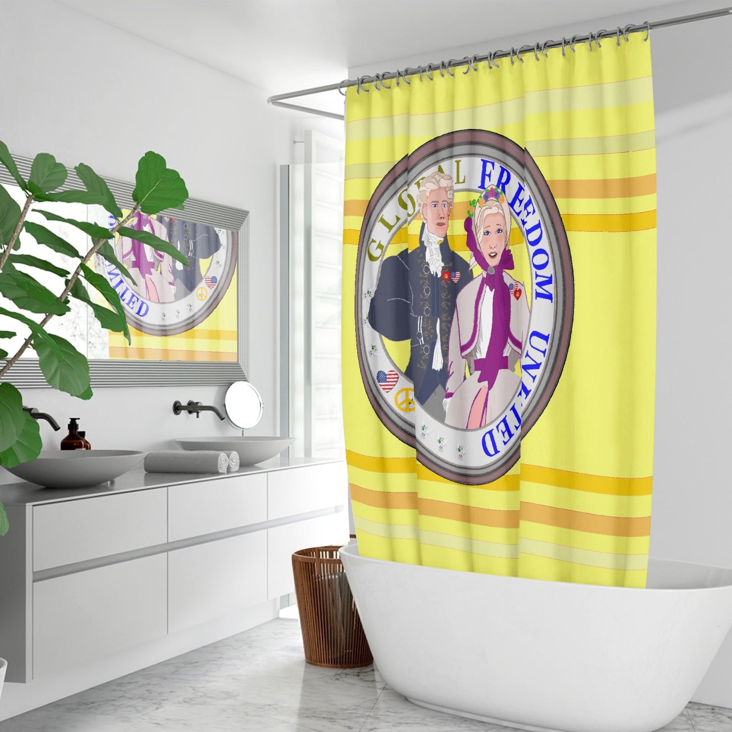 GLOBAL FREEDOM UNITED© Couple USA Georg Washington Yellow - Quick-drying Shower Curtain