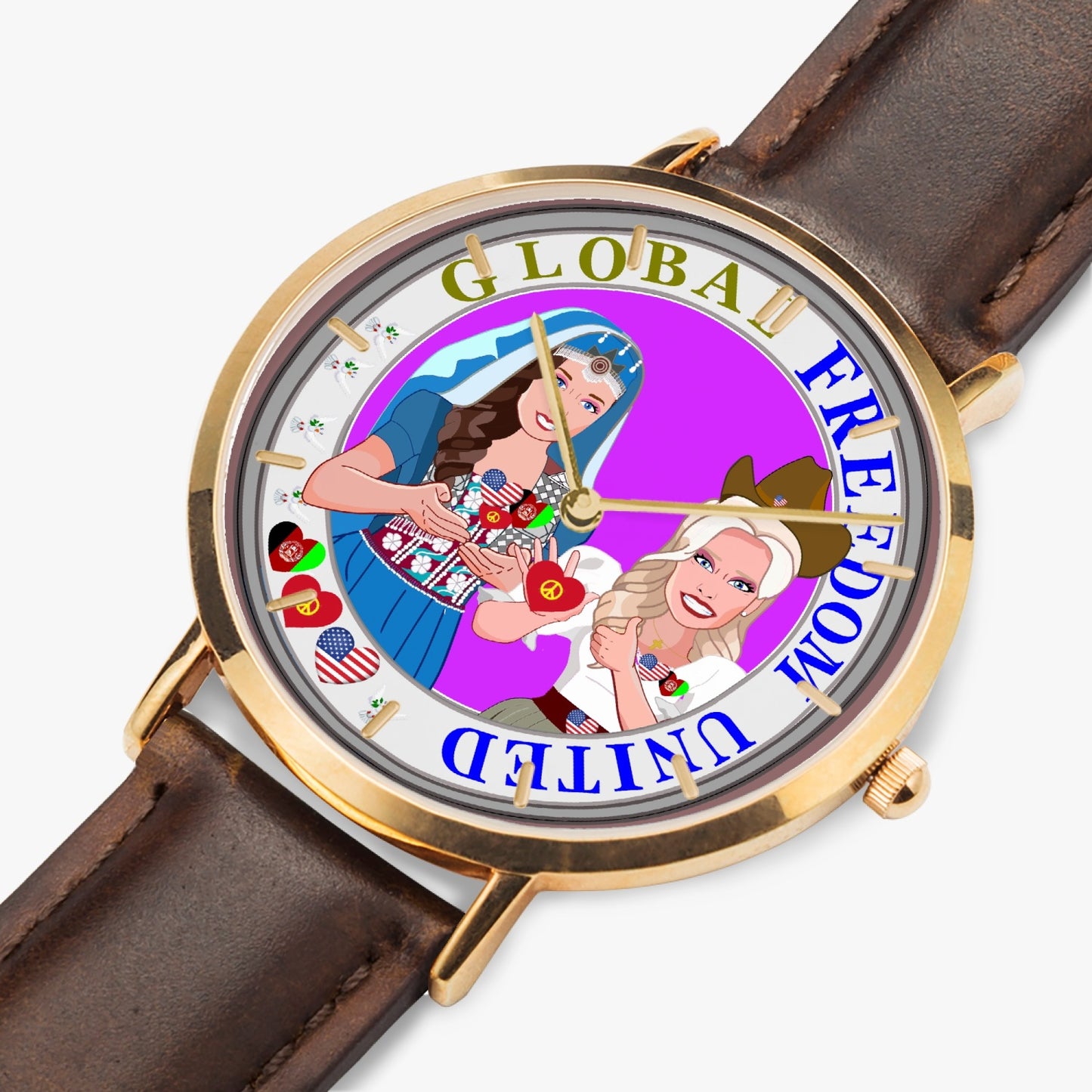 GLOBAL FREEDOM UNITED©  Hot Selling Ultra-Thin Leather Strap Quartz Watch (Rose Gold With Indicators) Women Afghanistan & USA