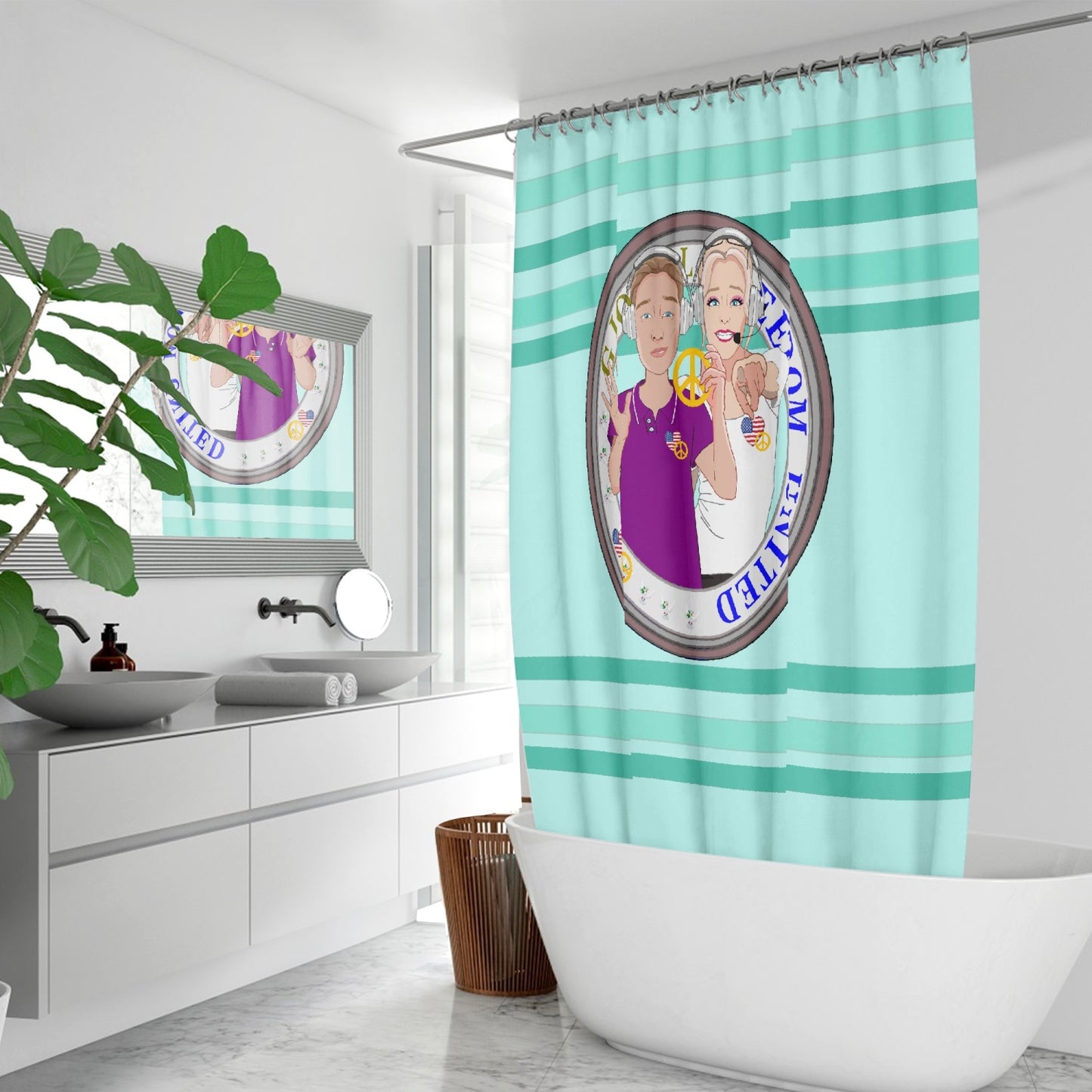 Quick-drying Shower Curtain GLOBAL FREEDOM UNITED© Couple USA Wight American Light Green