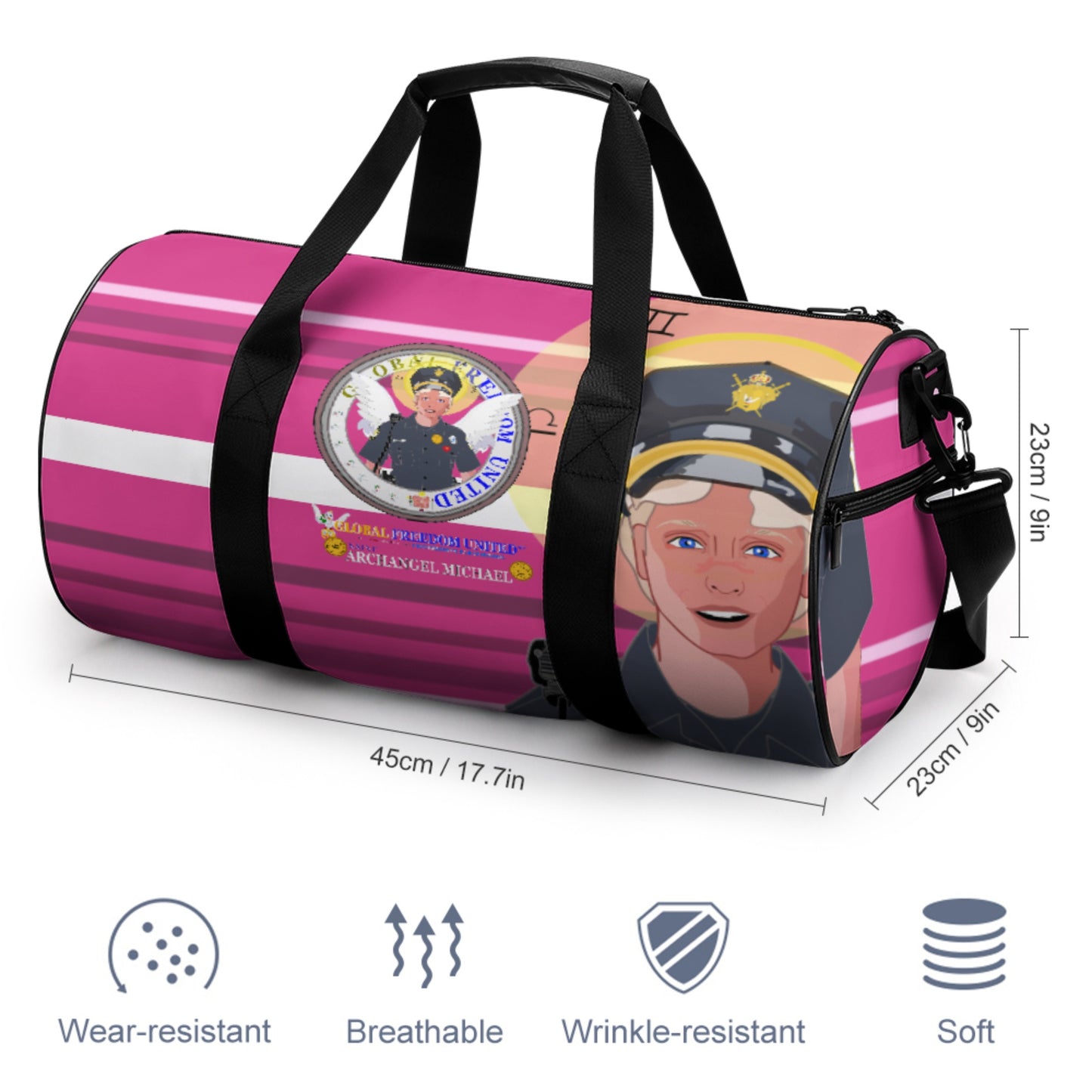 Cylindrical Gym Bag GLOBAL FREEDOM UNITED© Archangel Michael As Policemen Pink2