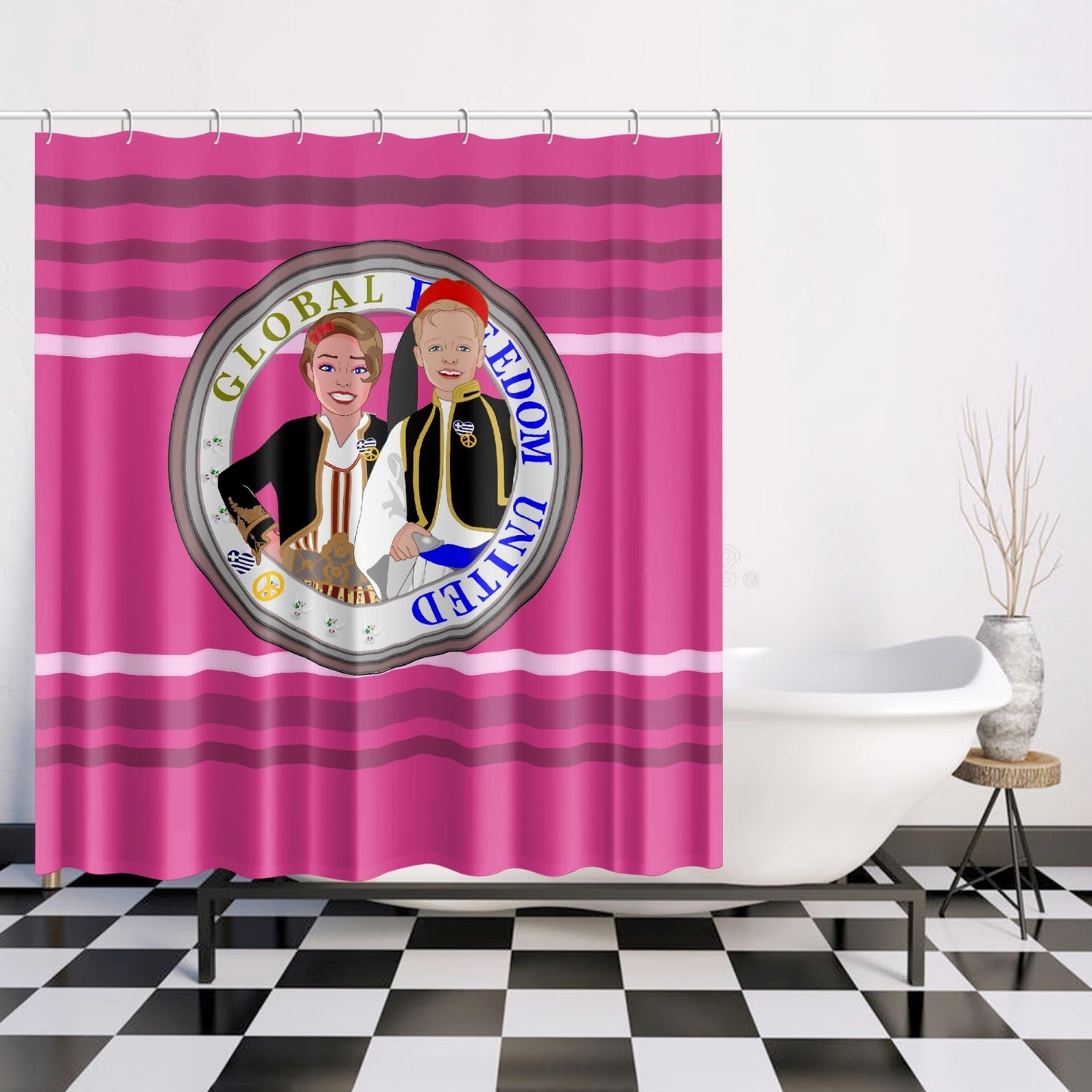 GLOBAL FREEDOM UNITED© Couple Greece Pink2 Quick-drying Shower Curtain