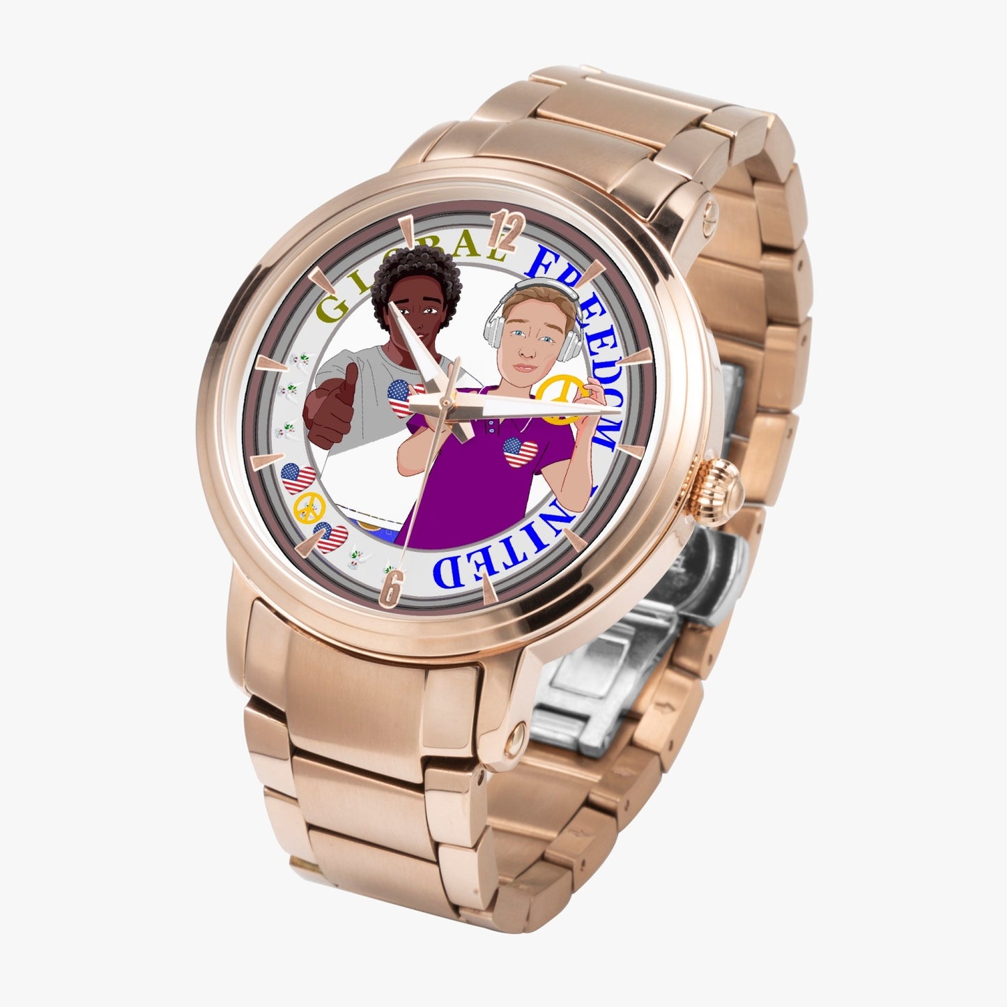 GLOBAL FREEDOM UNITED© New Steel Strap Automatic Watch (With Indicators) Men ANTI FASCISM & RACISM USA