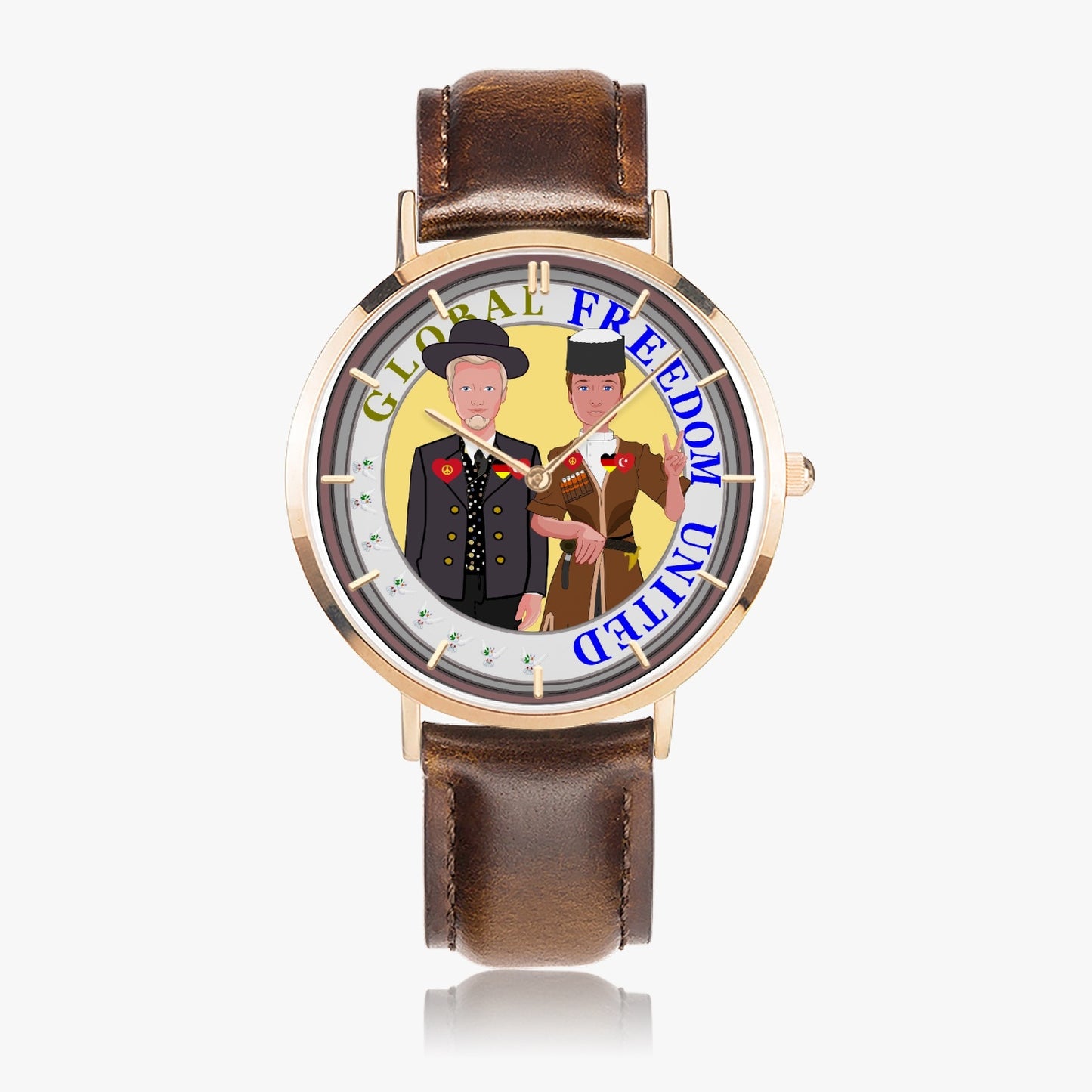 Hot Selling Ultra-Thin Leather Strap Quartz Watch (Rose Gold With Indicators) GLOBAL FREEDOM UNITED MEN TURKEY & GERMANY