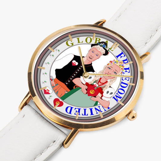 GLOBAL FREEDOM UNITED© Couple Poland Hot Selling Ultra-Thin Leather Strap Quartz Watch (Rose Gold With Indicators)