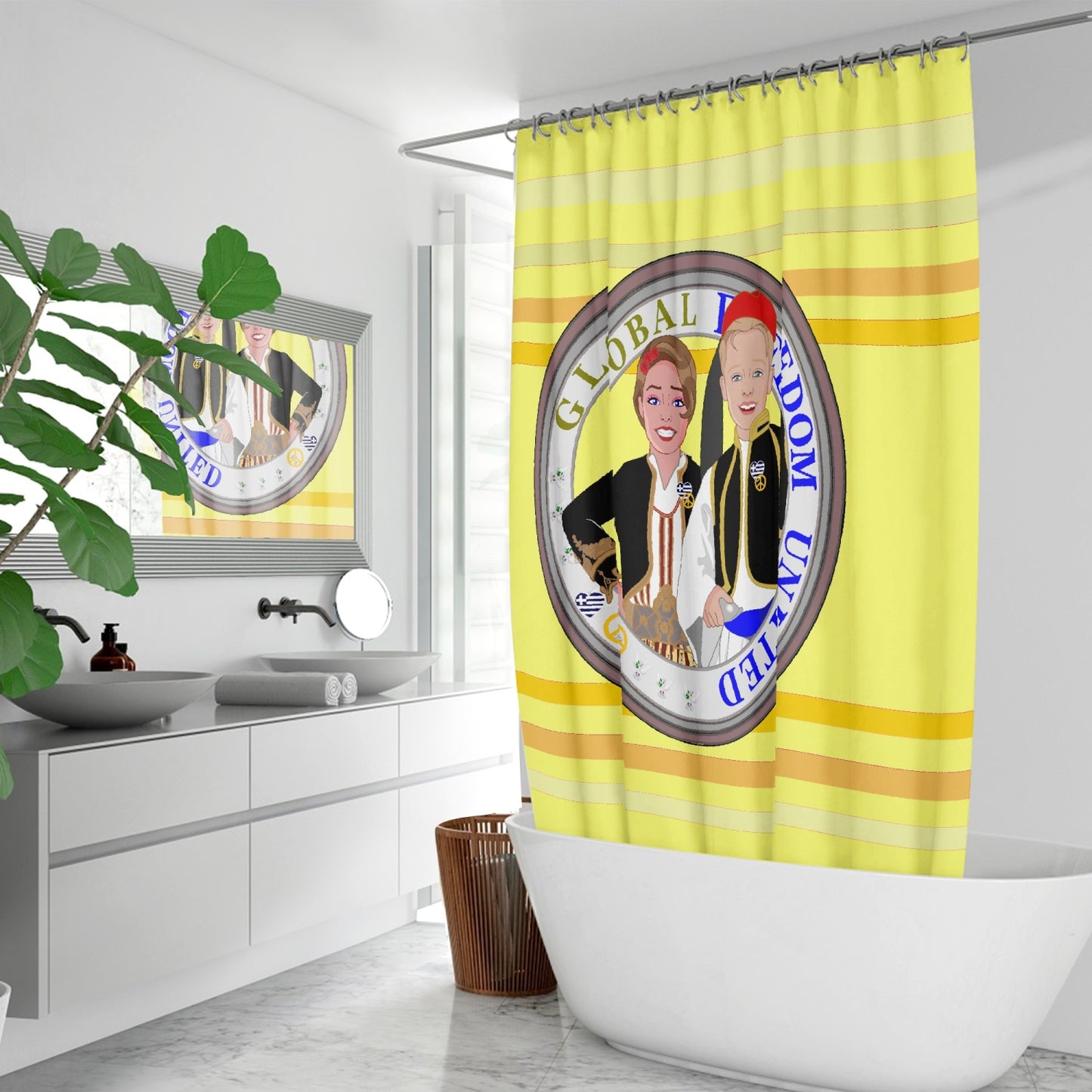 GLOBAL FREEDOM UNITED© Couple Greece yellow Quick-drying Shower Curtain