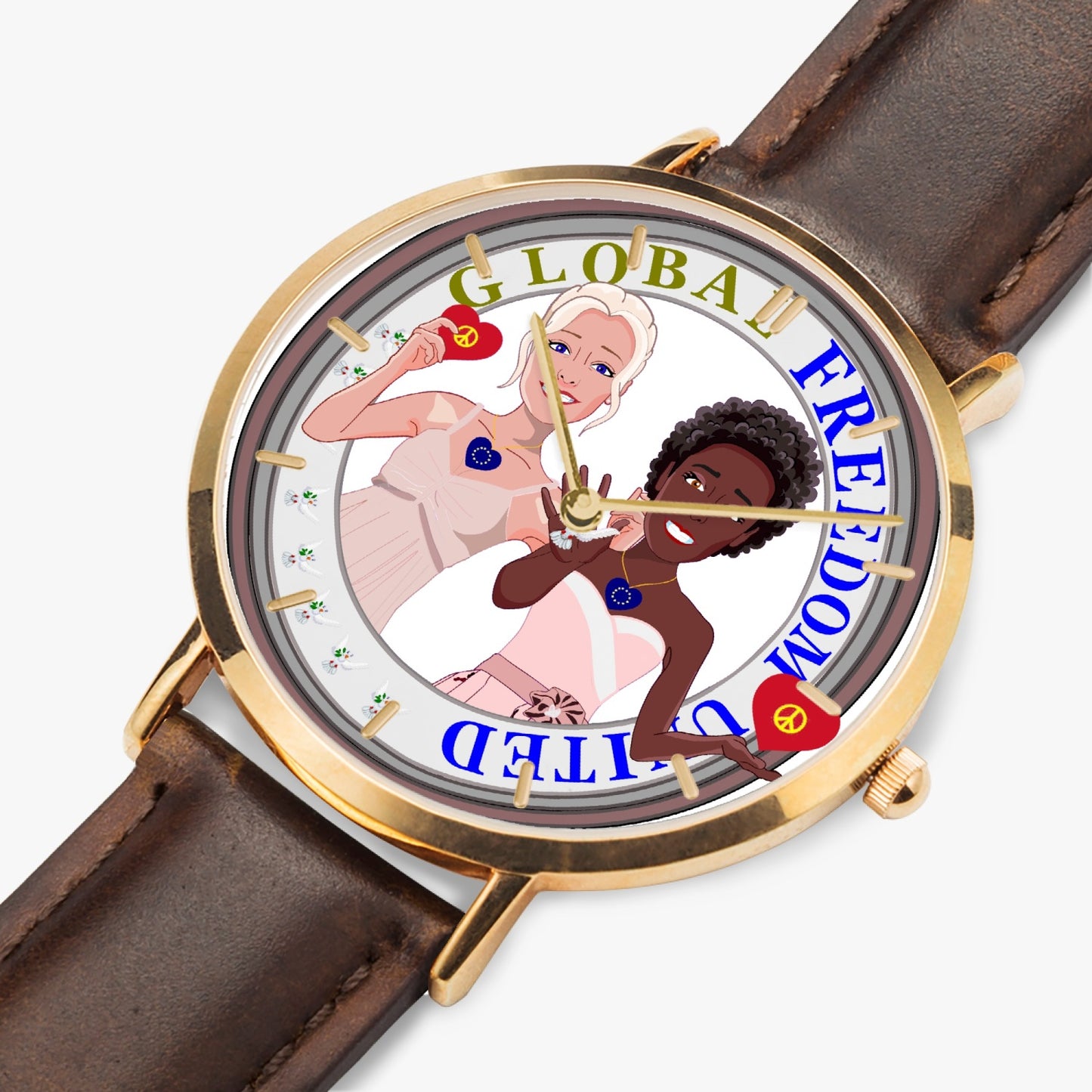 GLOBAL FREEDOM UNITED©  Hot Selling Ultra-Thin Leather Strap Quartz Watch (Rose Gold With Indicators) Women ANTI FASCISM & RACISM EUROPE