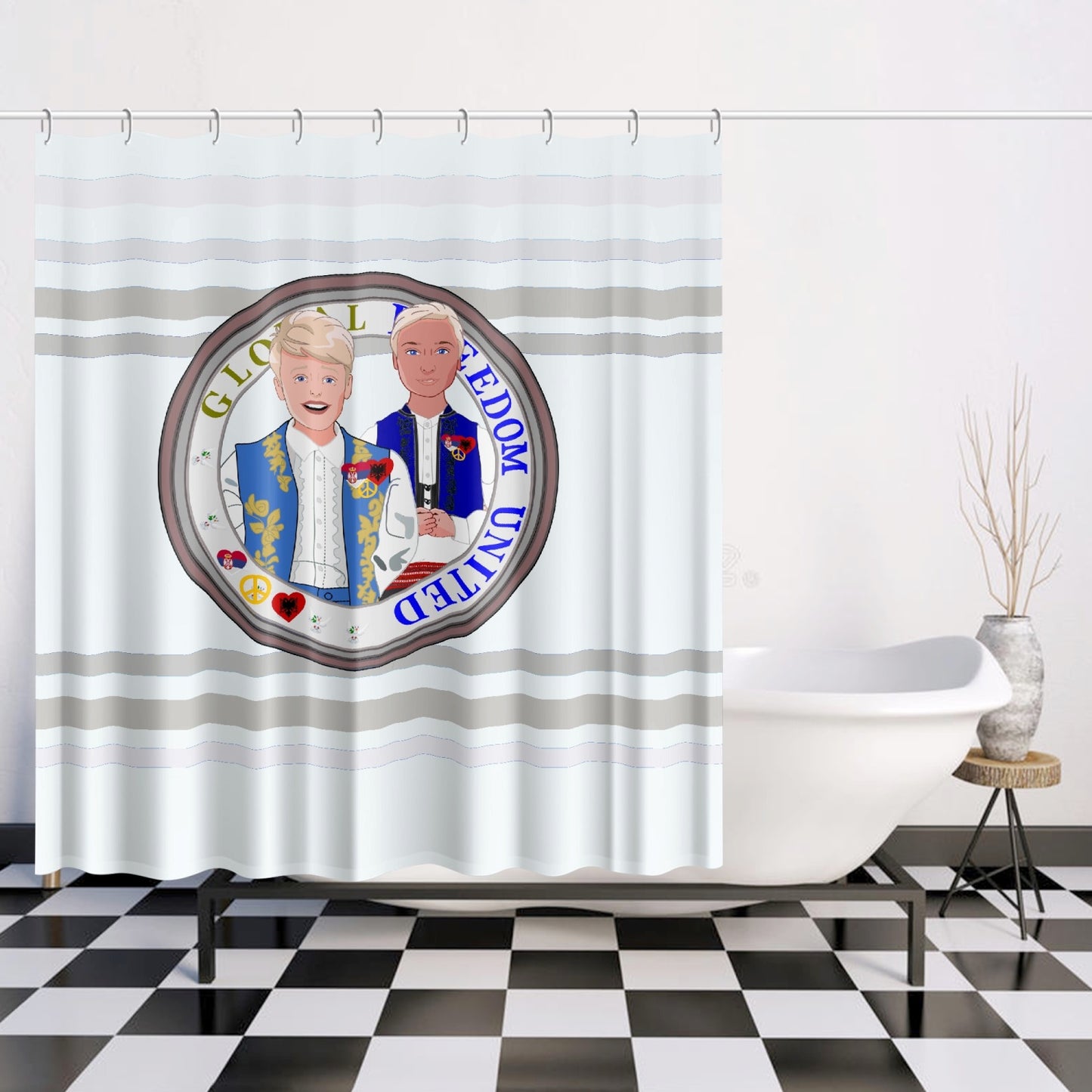 Quick-drying Shower Curtain GLOBAL FREEDOM UNITED© Men Albania & Serbia Wight