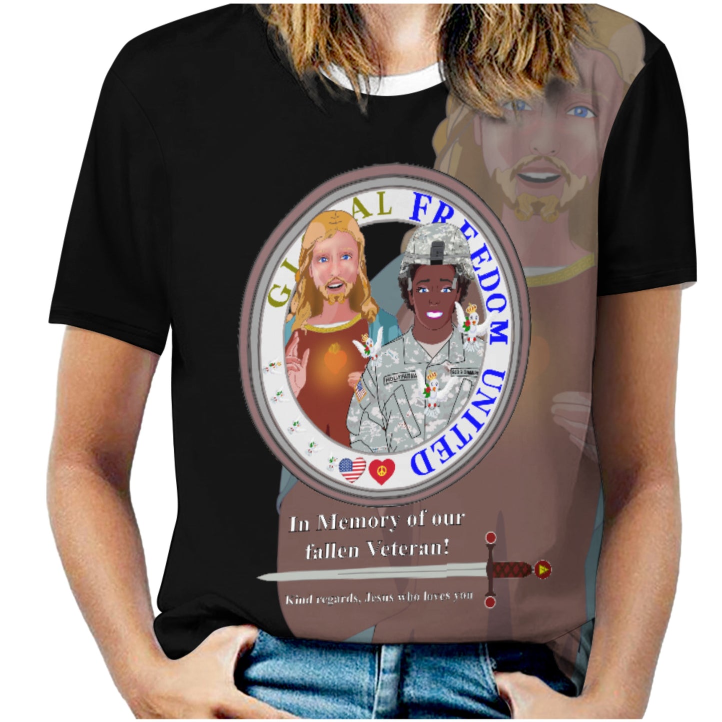 Women´s T-shirt Black GLOBAL FREEDOM UNITED© Jesus Christ For Fallen Veteran US Afro American Soldiers V2