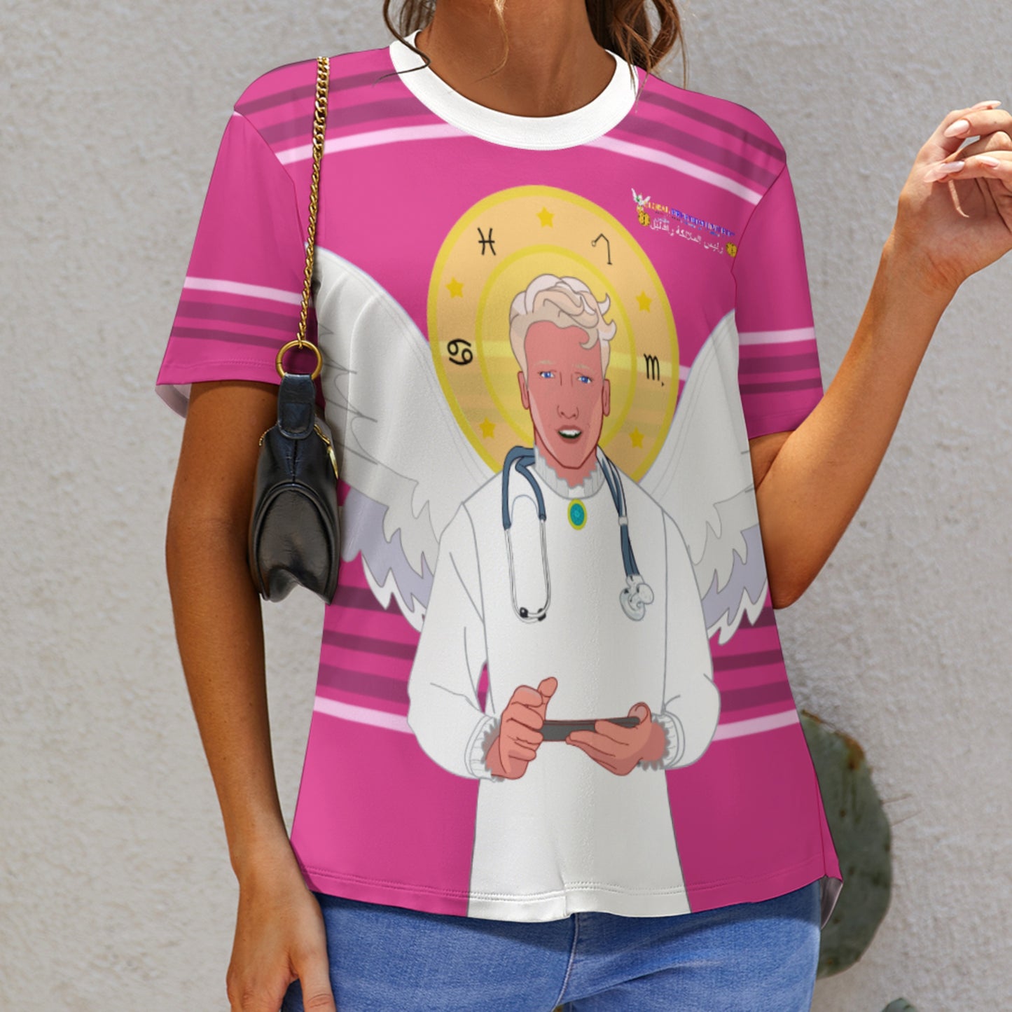 Women´s T-shirt GLOBAL FREEDOM UNITED© Archangel Rafael Arabic Pink2