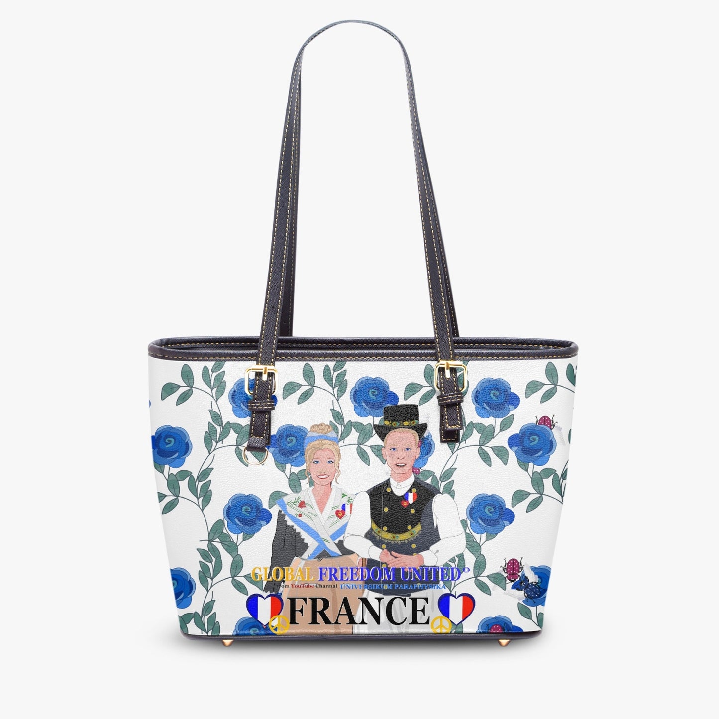 GLOBAL FREEDOM UNITED© Couple French Blue Roses - Large Leather Tote Bag for Women