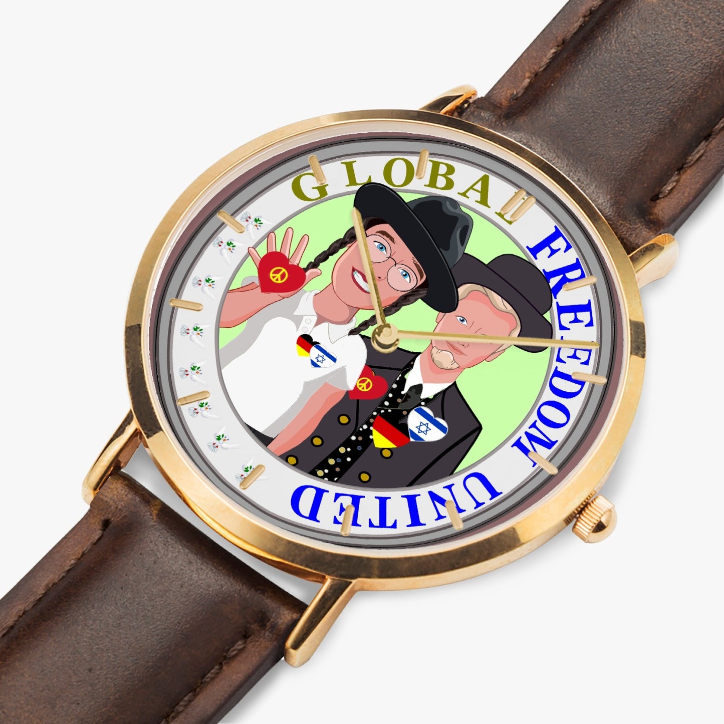 GLOBAL FREEDOM UNITED© Hot Selling Ultra-Thin Leather Strap Quartz Watch (Rose Gold With Indicators) Men Israel & Germany