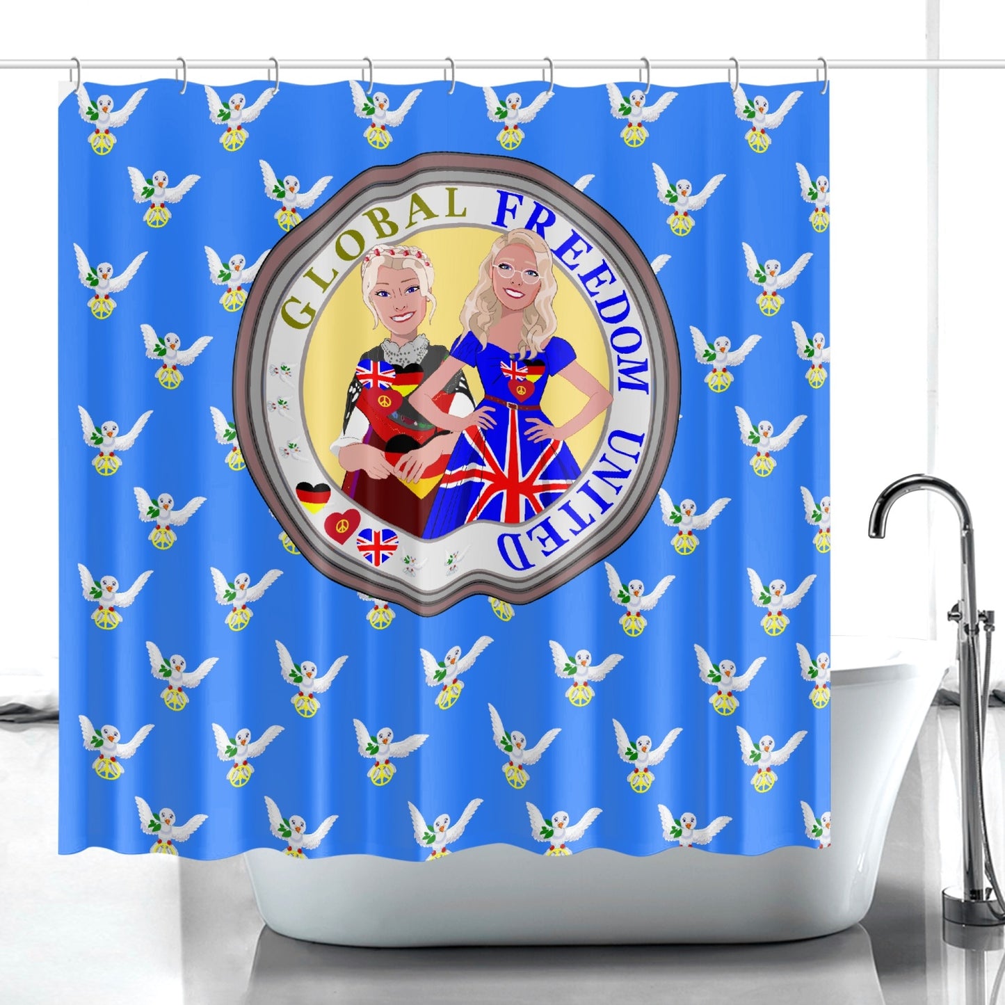 GLOBAL FREEDOM UNITED WOMEN ENGLAND & GERMANY OLD PEACE BLUE Quick-drying Shower Curtain
