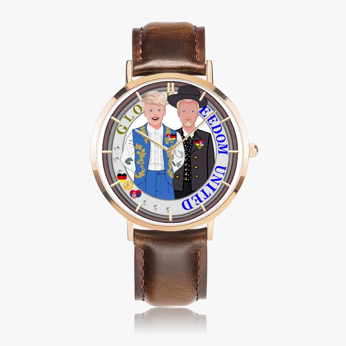 GLOBAL FREEDOM UNITED© Men Serbia & Germany V2 Hot Selling Ultra-Thin Leather Strap Quartz Watch (Rose Gold With Indicators)