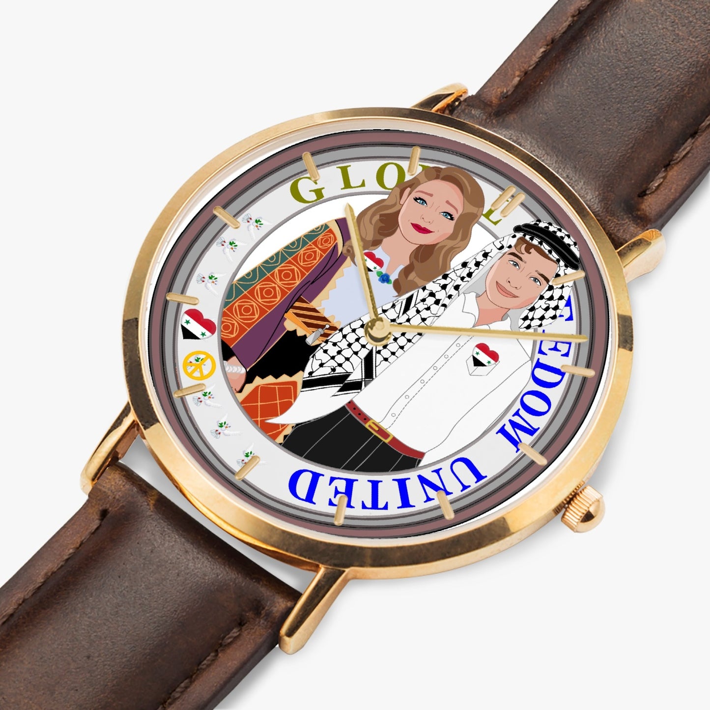 GLOBAL FREEDOM UNITED© Couple Syria Hot Selling Ultra-Thin Leather Strap Quartz Watch (Rose Gold With Indicators)