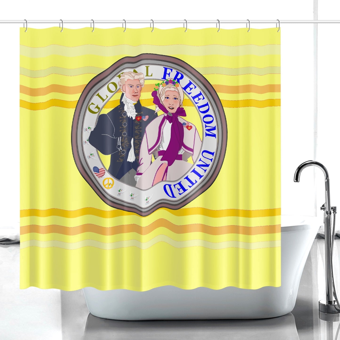 GLOBAL FREEDOM UNITED© Couple USA Georg Washington Yellow - Quick-drying Shower Curtain