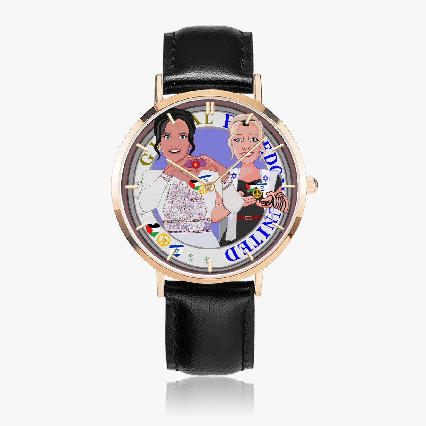 GLOBAL FREEDOM UNITED© Hot Selling Ultra-Thin Leather Strap Quartz Watch (Rose Gold With Indicators) Women Palestina & Israel