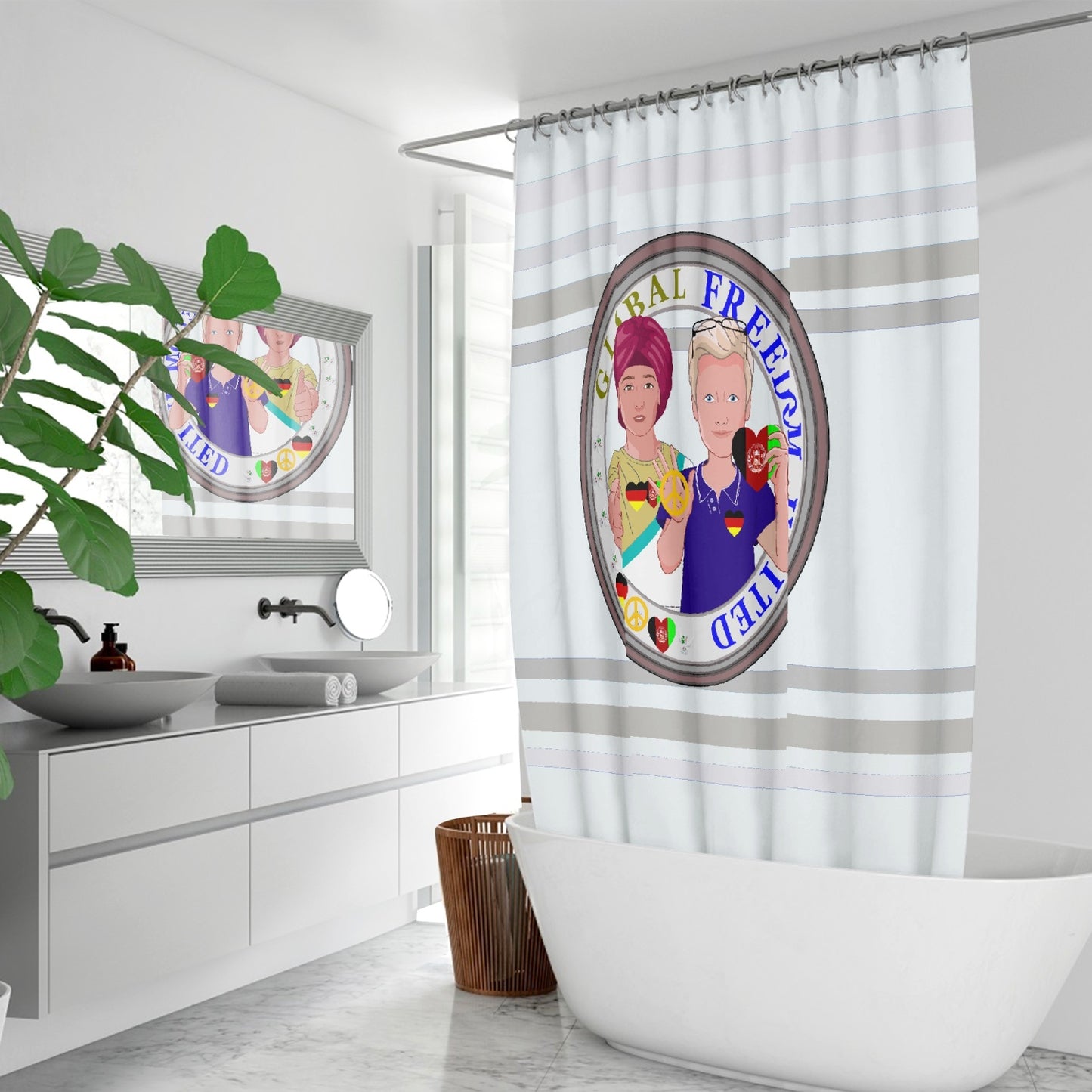 Quick-drying Shower Curtain GLOBAL FREEDOM UNITED© Men Afghanistan & Germany Wight