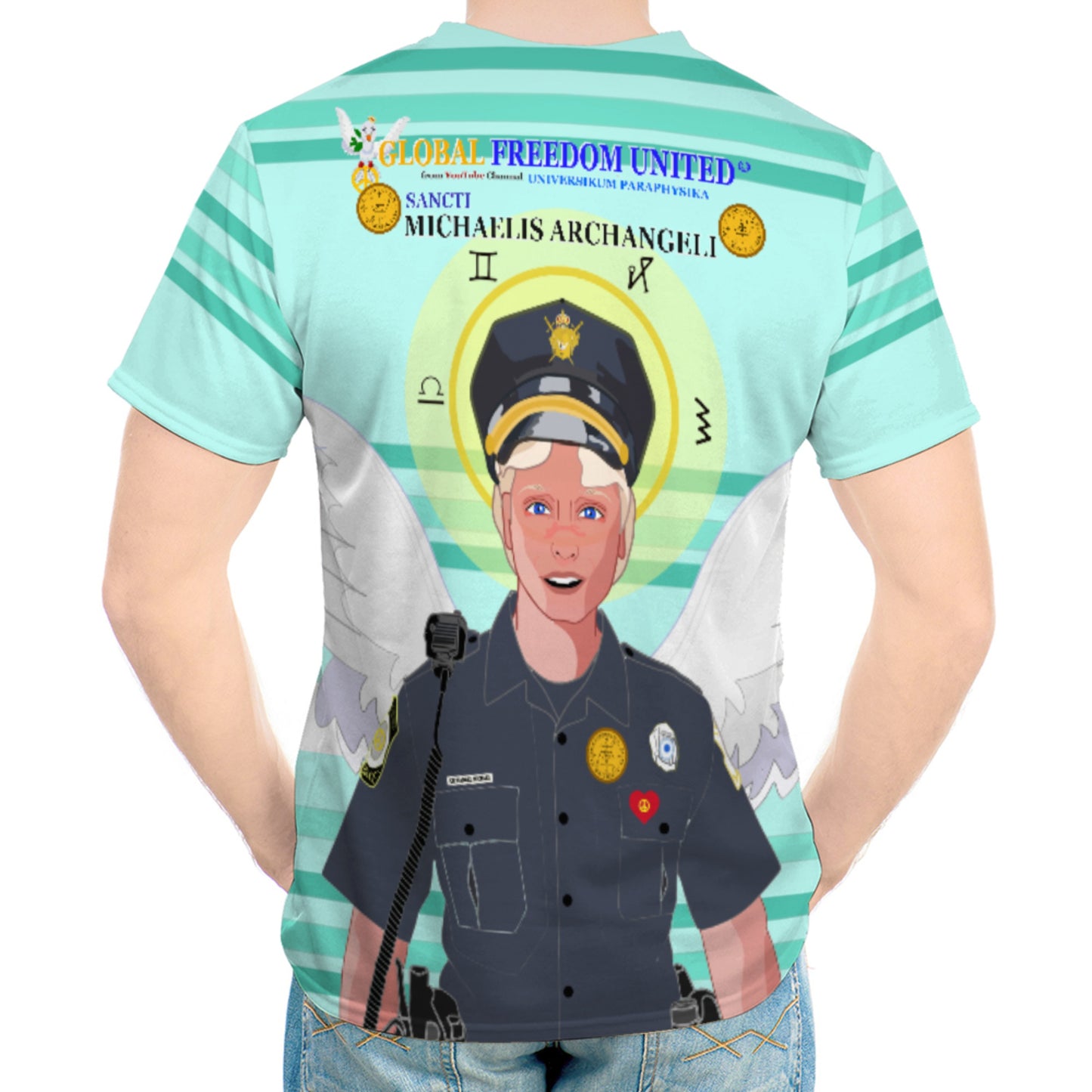 Men´s T-shirt  GLOBAL FREEDOM UNITED© Archangel Michael In Latin V4 Light Green