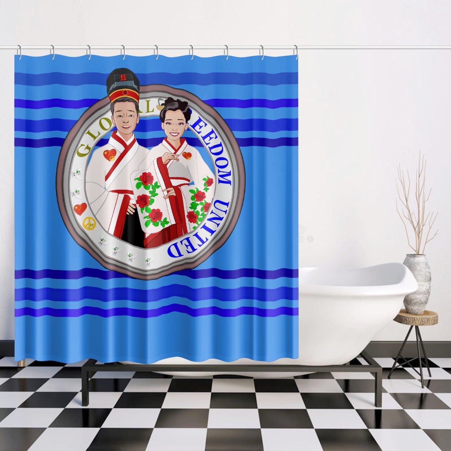 GLOBAL FREEDOM UNITED© Couple China Deep Blue - Quick-drying Shower Curtain