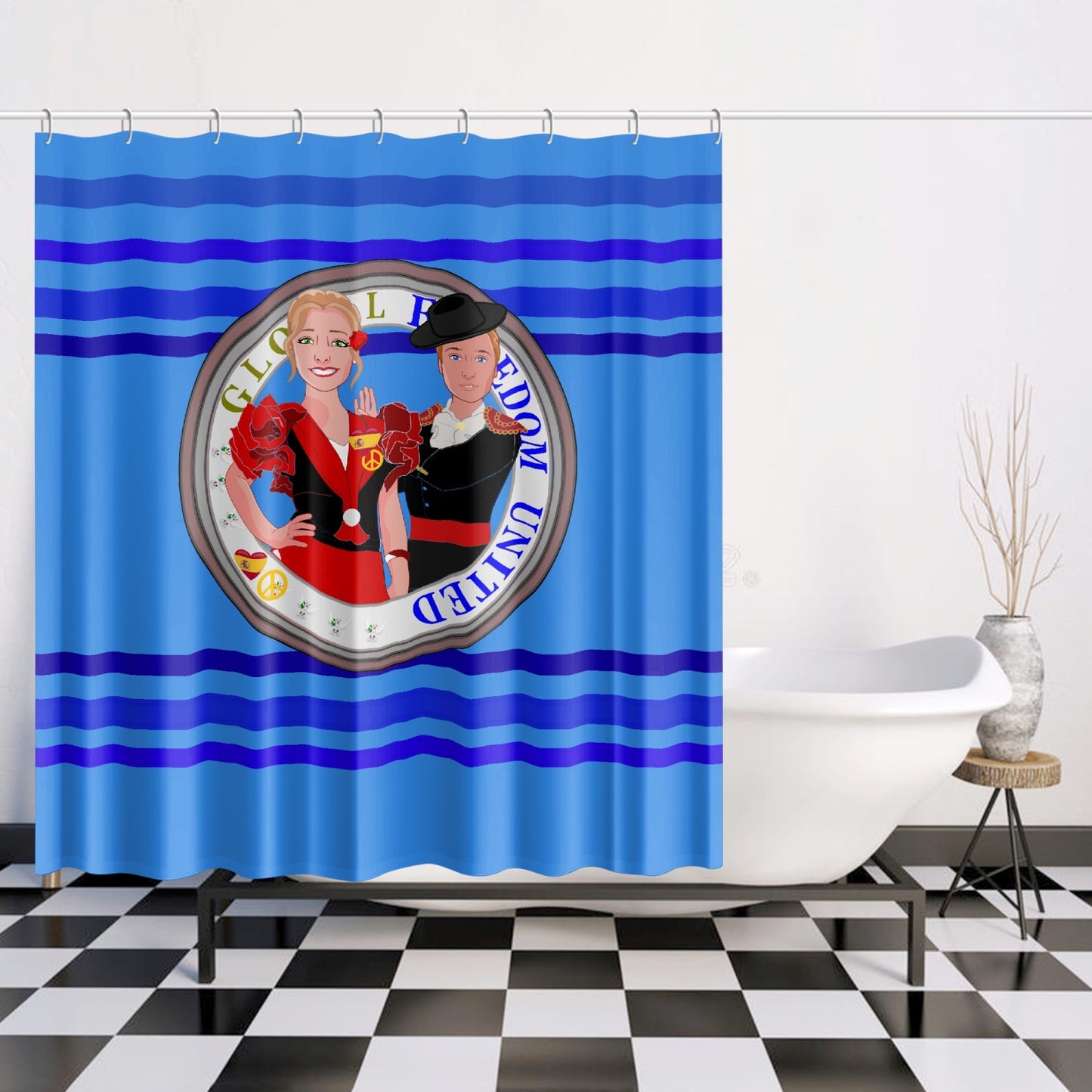 GLOBAL FREEDOM UNITED© Couple Spain Deep Blue Quick-drying Shower Curtain