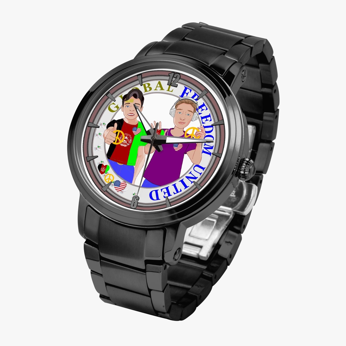 GLOBAL FREEDOM UNITED© New Steel Strap Automatic Watch (With Indicators) Men Afghanistan & USA V1