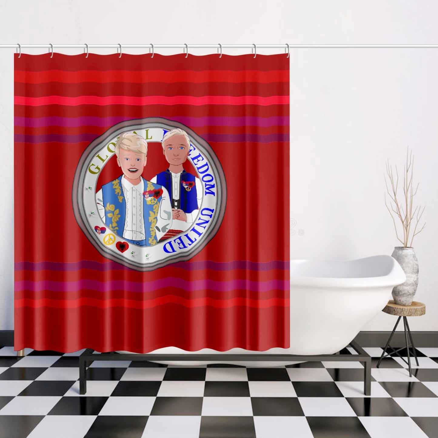 Quick-drying Shower Curtain GLOBAL FREEDOM UNITED© Men Albania & Serbia Red