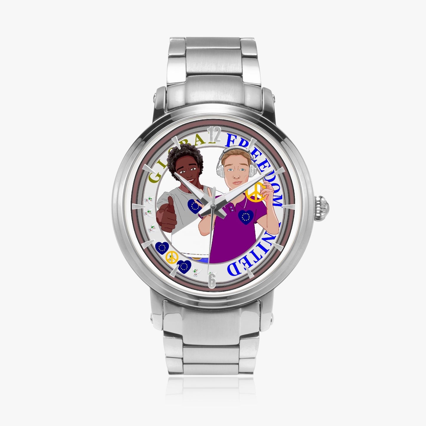 GLOBAL FREEDOM UNITED© New Steel Strap Automatic Watch (With Indicators) Men ANTI FASCISM & RACISM EUROPE