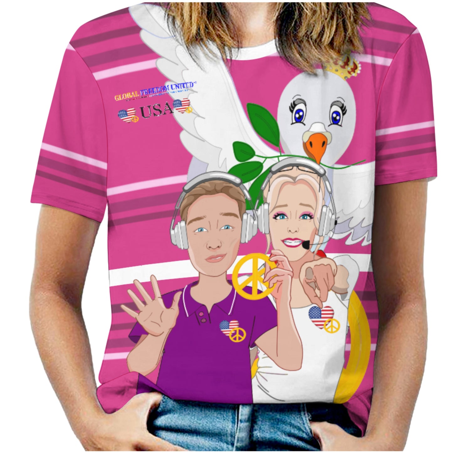 Women´s T-shirt 2 GLOBAL FREEDOM UNITED© Couple USA Wight American Pink