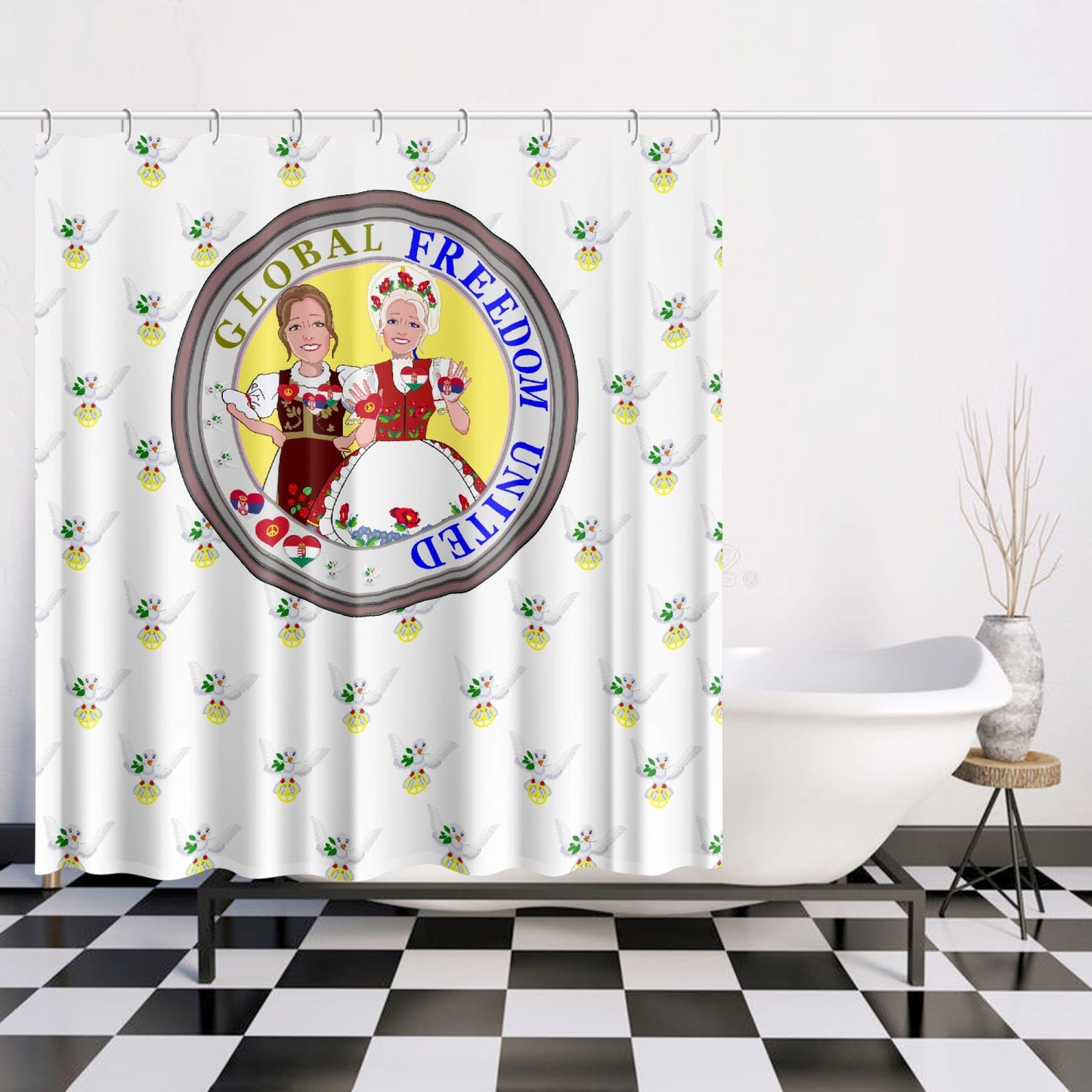 GLOBAL FREEDOM UNITED© WOMEN HUNGARY & SERBIA OLD PEACE WIGHT Quick-drying Shower Curtain