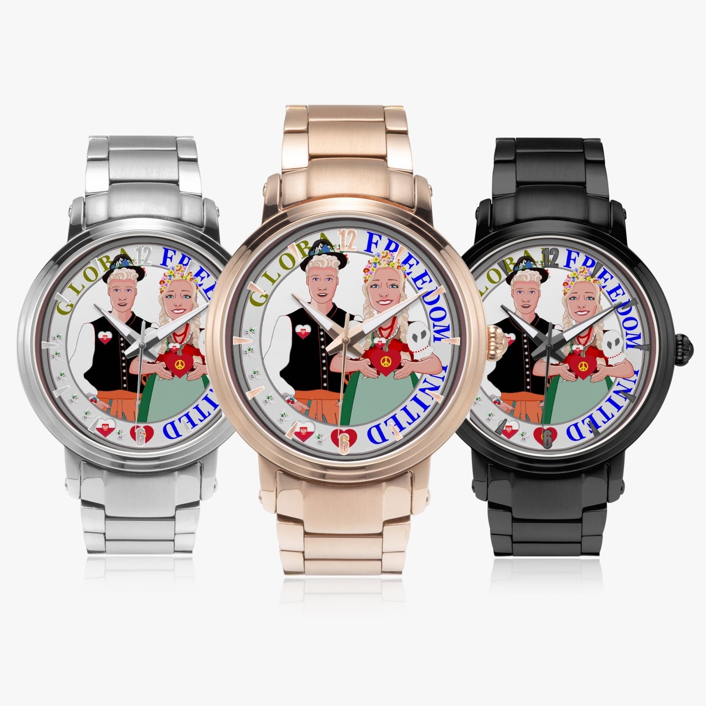 GLOBAL FREEDOM UNITED© Couple Poland New Steel Strap Automatic Watch (With Indicators)
